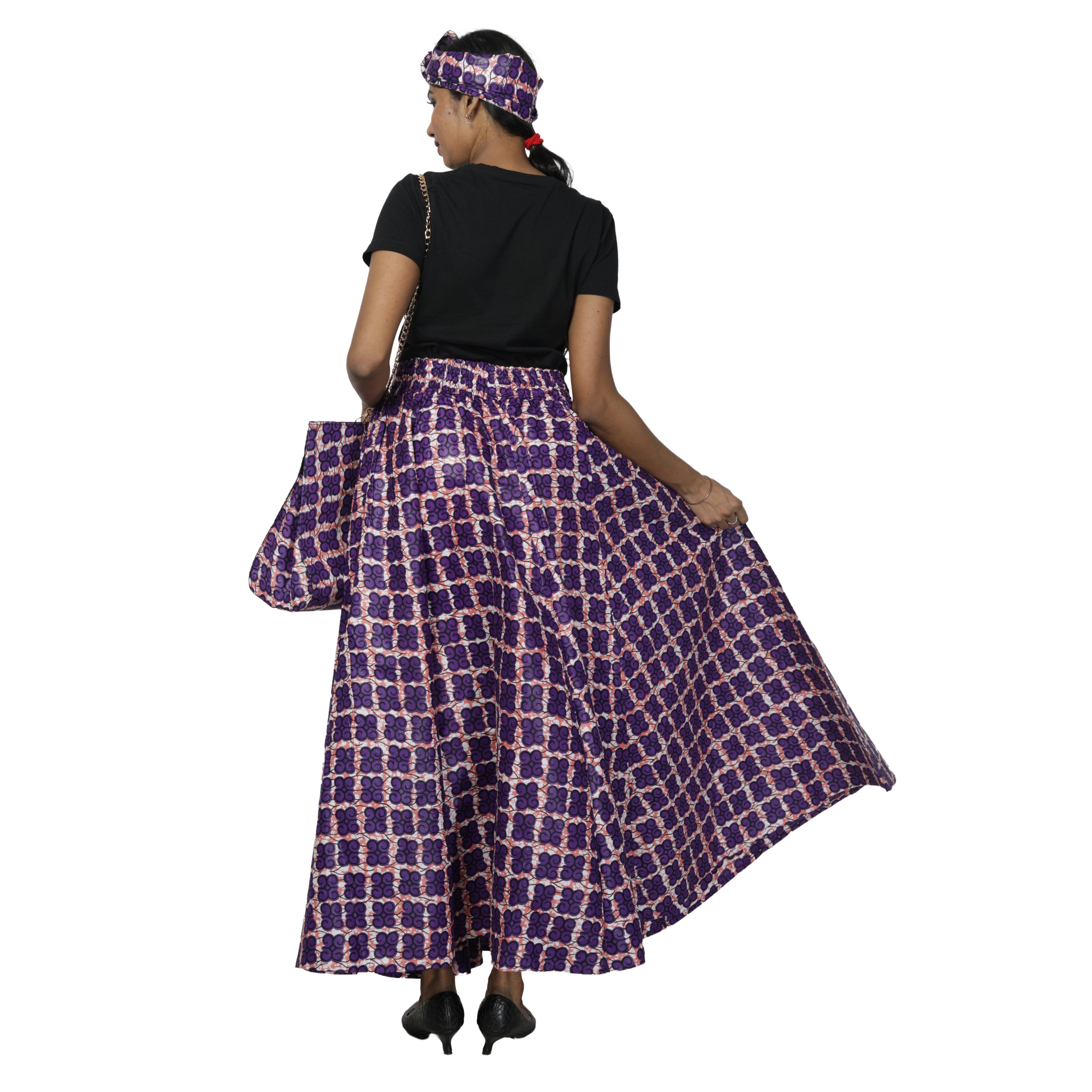 Women's Printed Tie Waist Maxi Skirt with Handbag - FI-32P