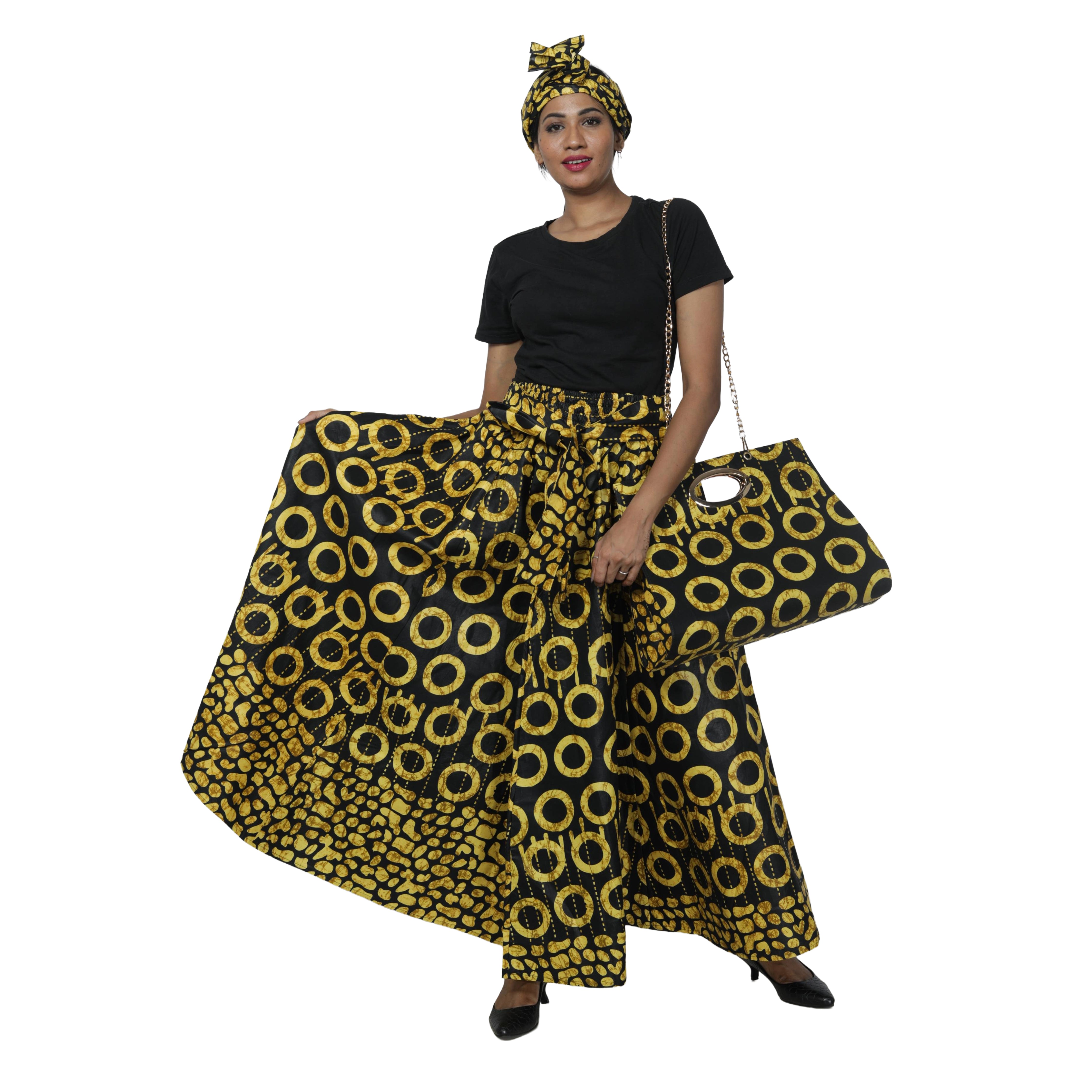 Women's Printed Tie Waist Maxi Skirt with Handbag - FI-32P