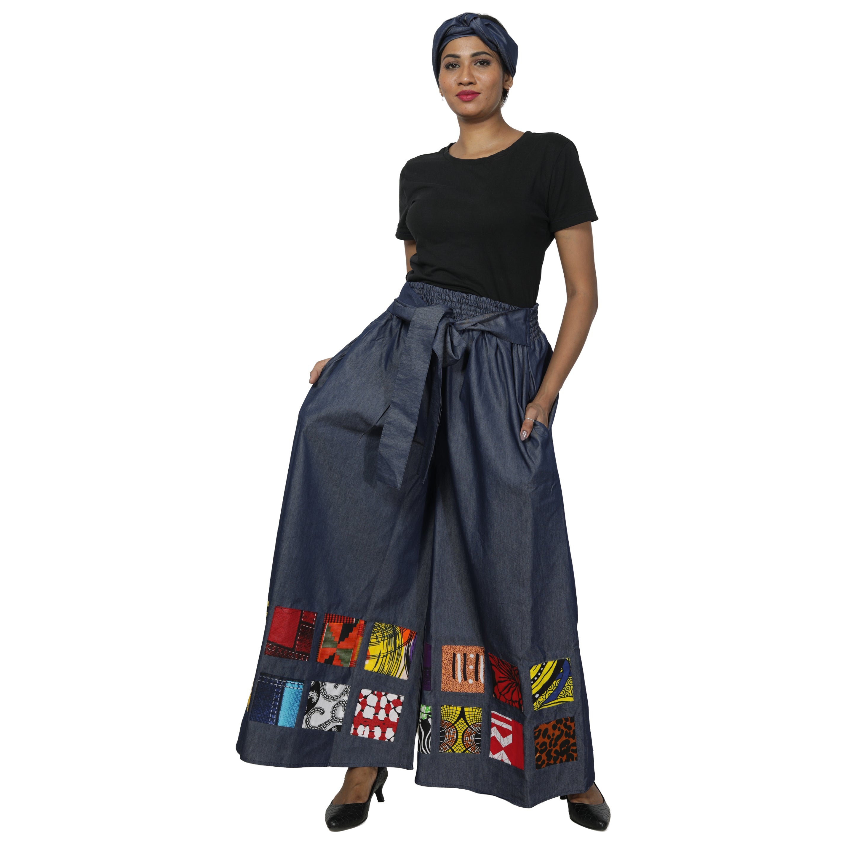 Women's Denim Patchwork Palazzo Pants -- FI-D61P