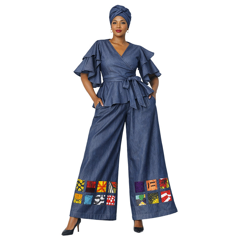 Women's Denim Peplum Wrap Blouse with Patchwork Pants -- FI-3052D and D61