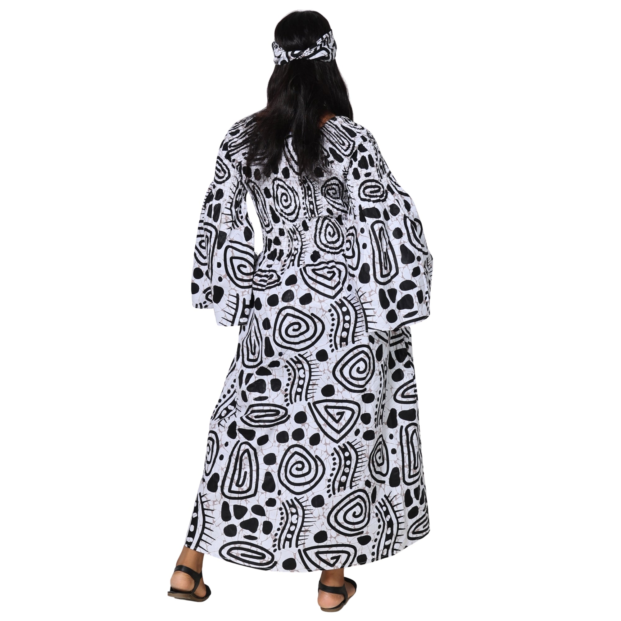 Women's Long Sleeve Smocking Maxi Dress with Bell Sleeves -- FI-50072