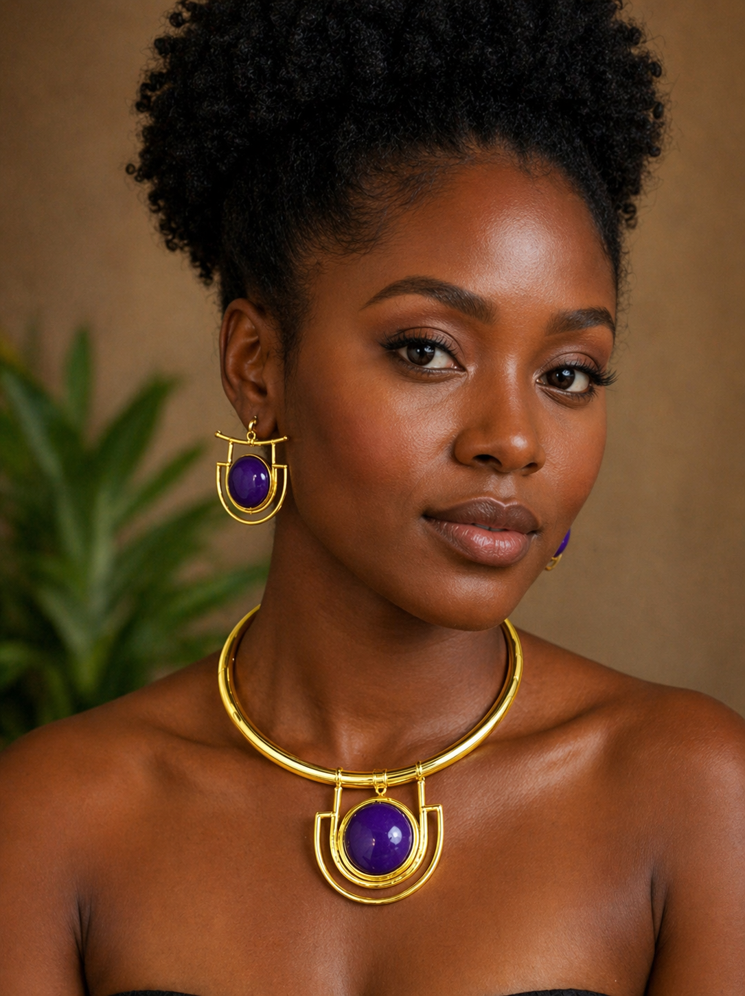 Purple Stone Pendant Choker Necklace Set