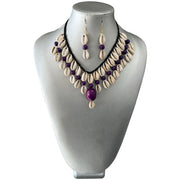 Women's 2 Layer Cowrie Shell Necklace Set With Colored Stone