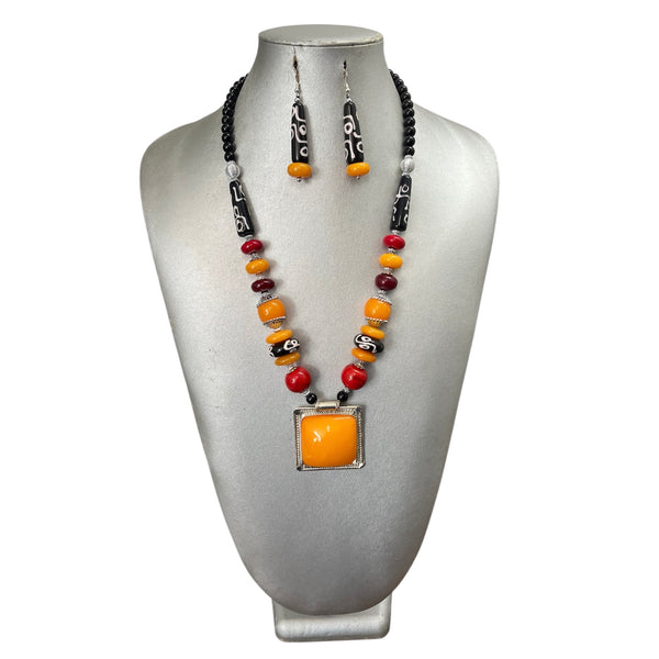 Women's Colorful Stone Necklace Set with Square Pendant