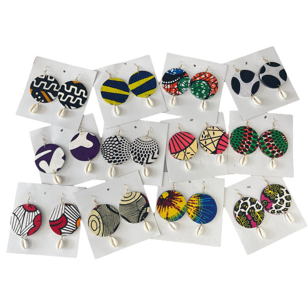 African Print Circle Earrings with Cowrie Shell