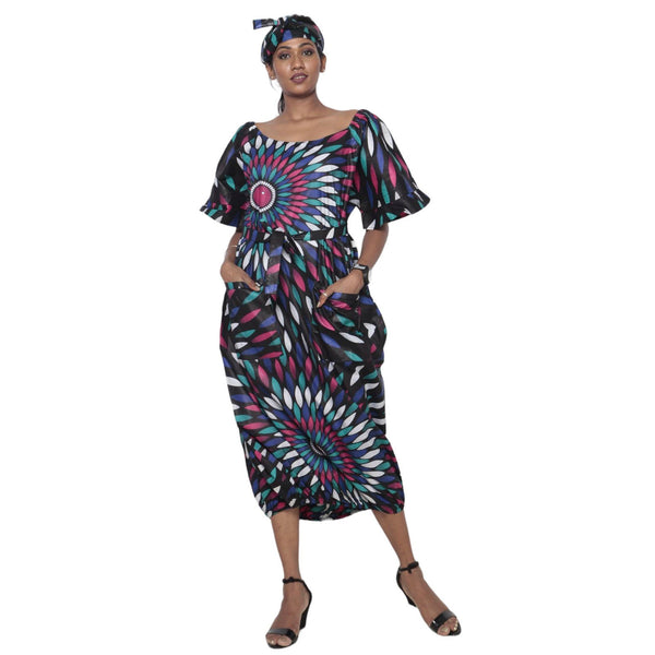 Women's Short Sleeve Balloon Hem Midi Dress multicolor contrast