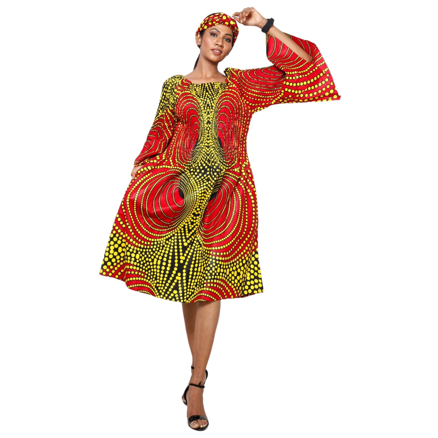 Women's Long Sleeve Smocking Short Dress with Bell Sleeves