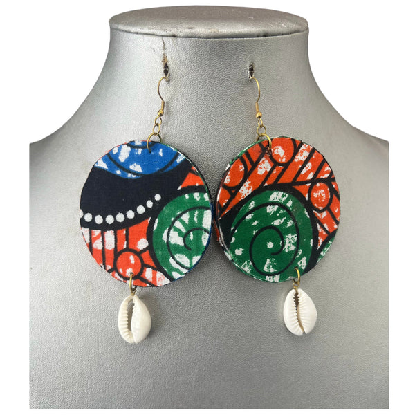 African Print Circle Earrings with Cowrie Shell
