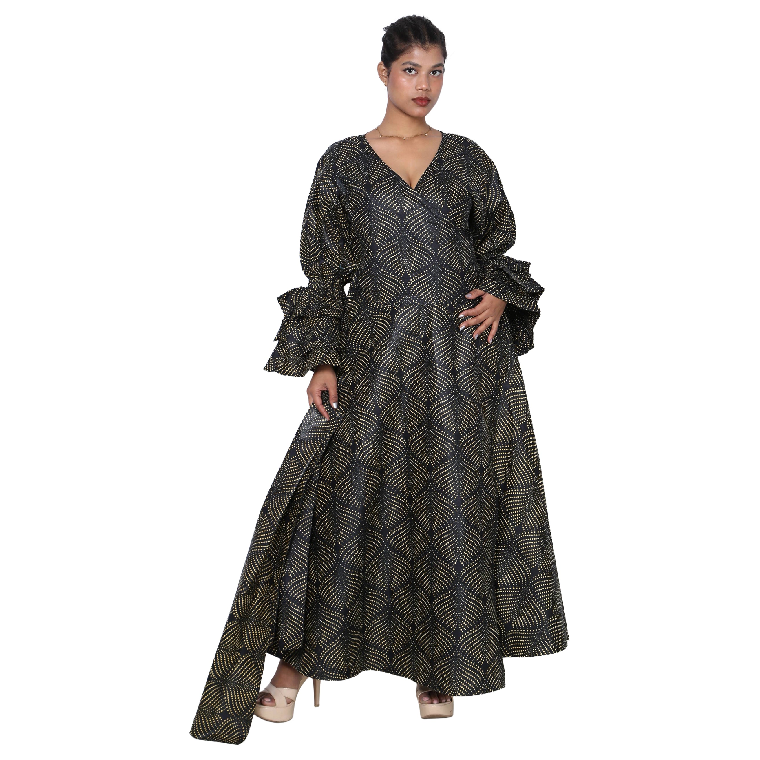 Women's Printed Long Sleeve Maxi Wrap Dress- FI-70 FS