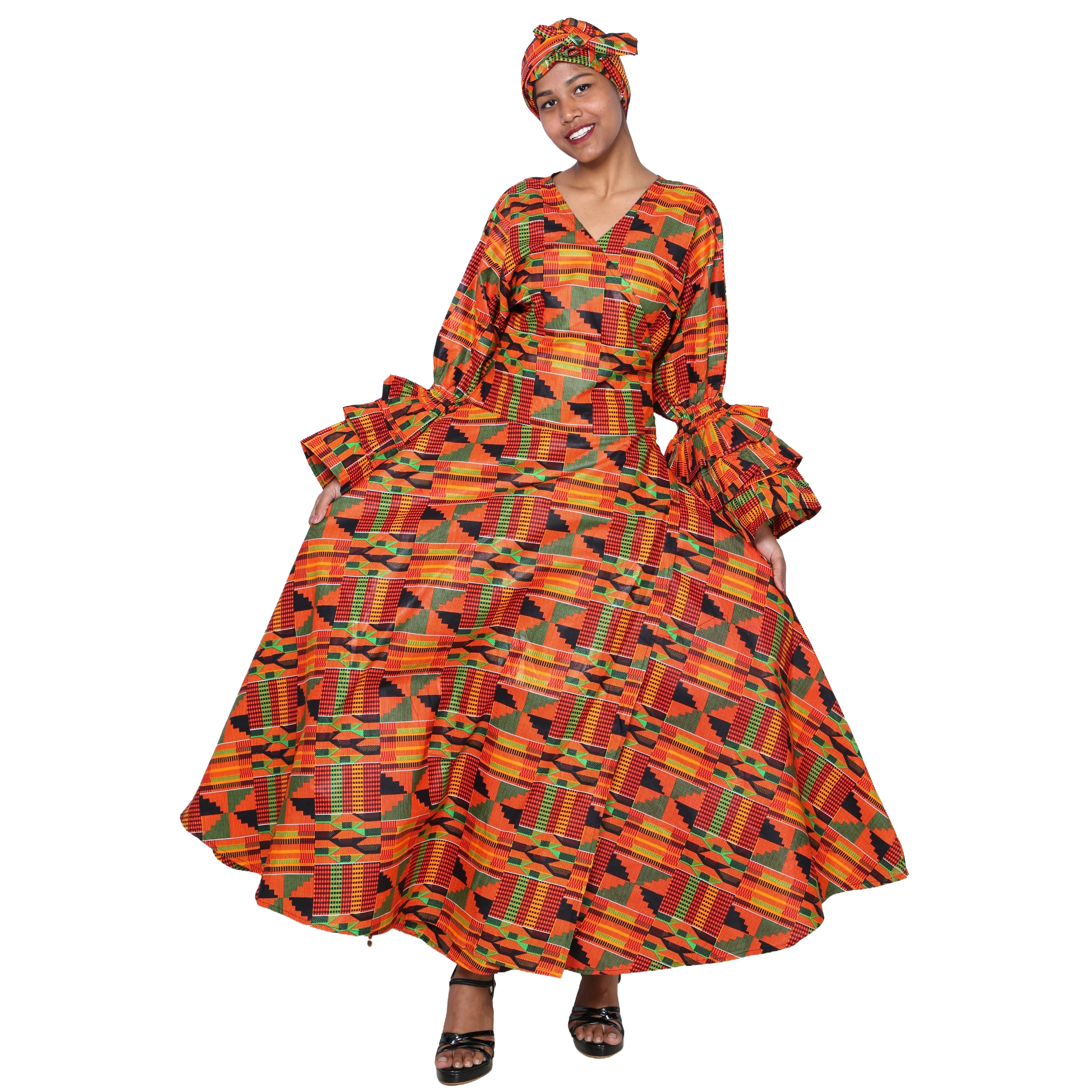 Women's Printed Long Sleeve Maxi Wrap Dress- FI-70 FS