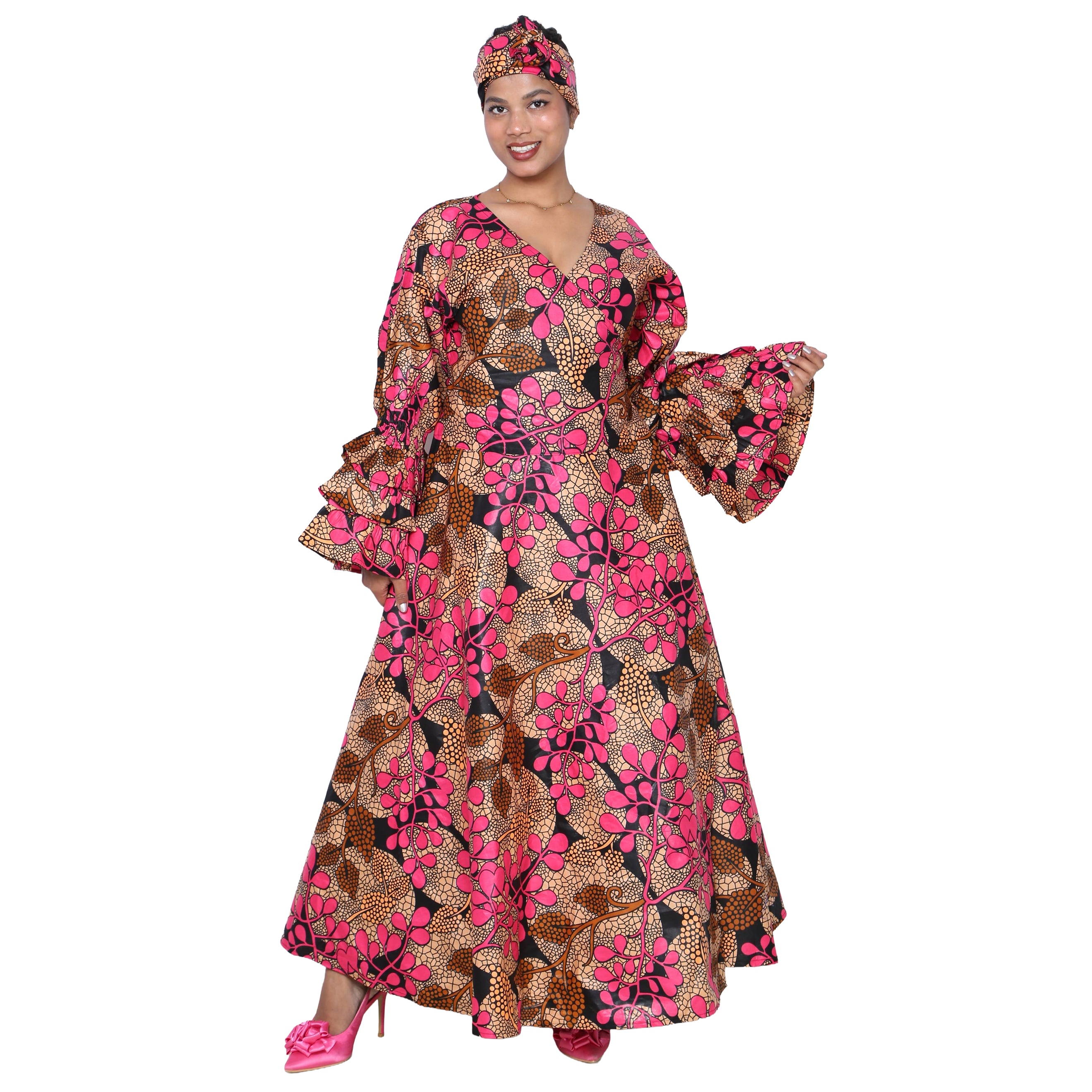 Women's Printed Long Sleeve Maxi Wrap Dress- FI-70 FS