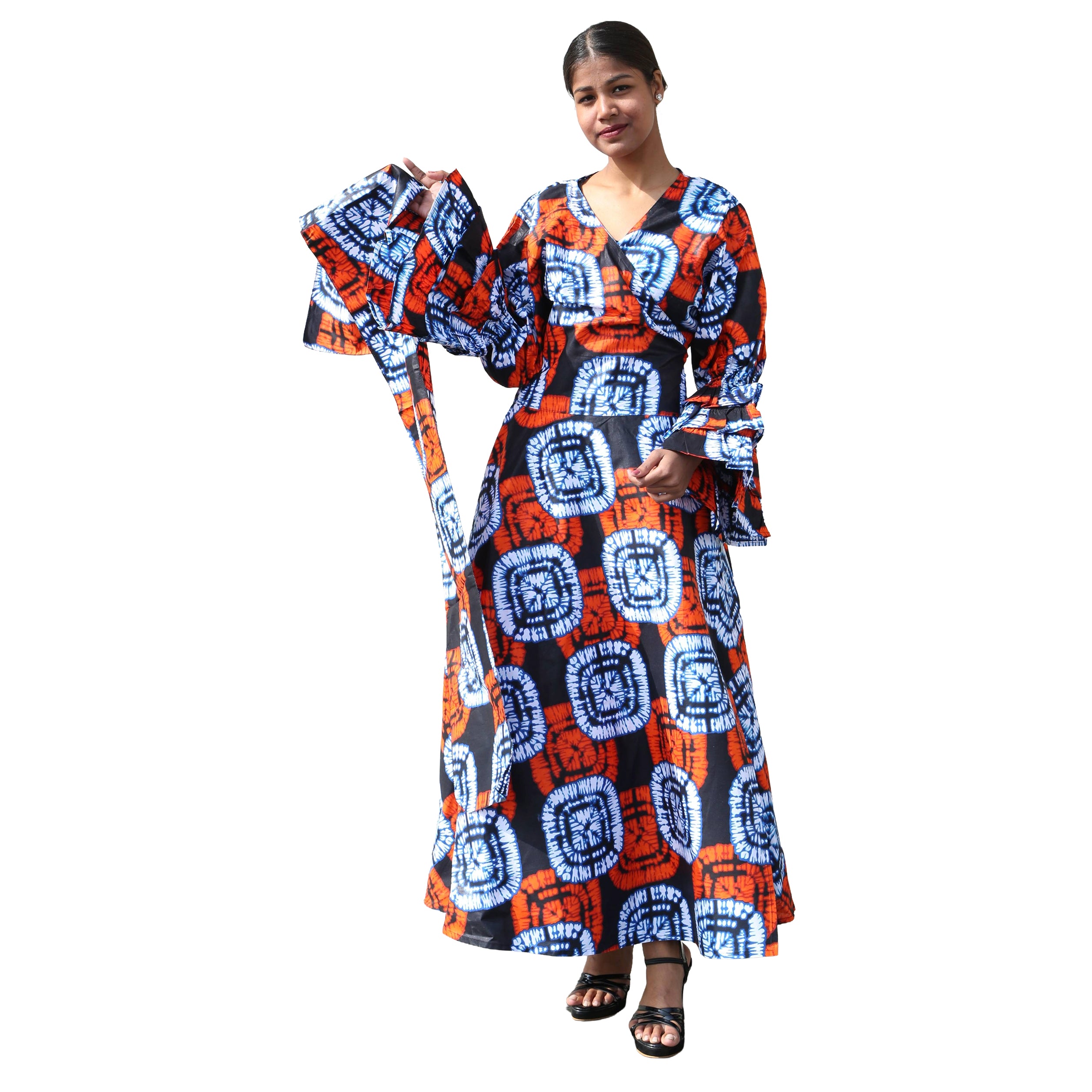 Women's Printed Long Sleeve Maxi Wrap Dress- FI-70 FS