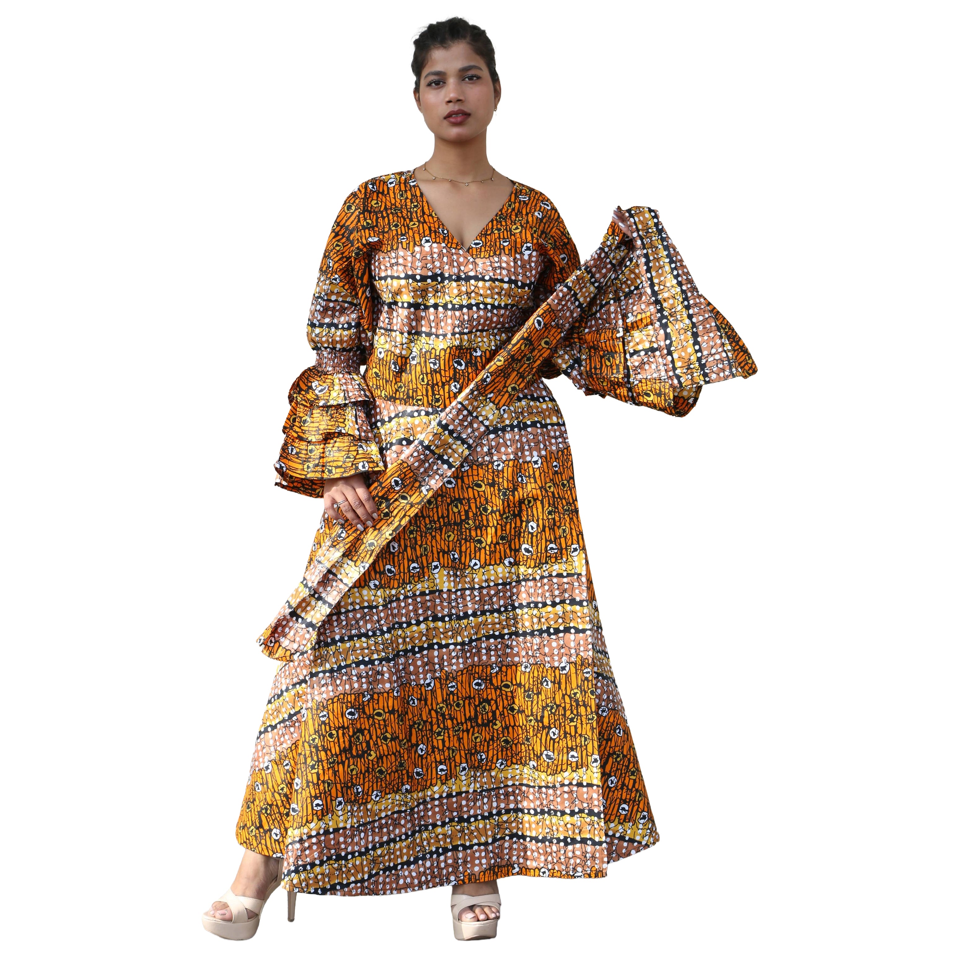 Women's Printed Long Sleeve Maxi Wrap Dress- FI-70 FS