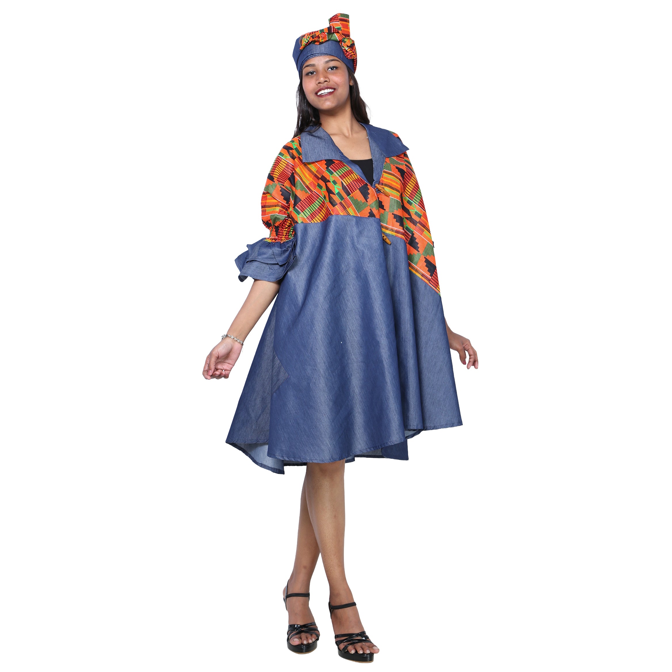 Women's Printed Denim Dress with Toggle Buttons -- FI-3139
