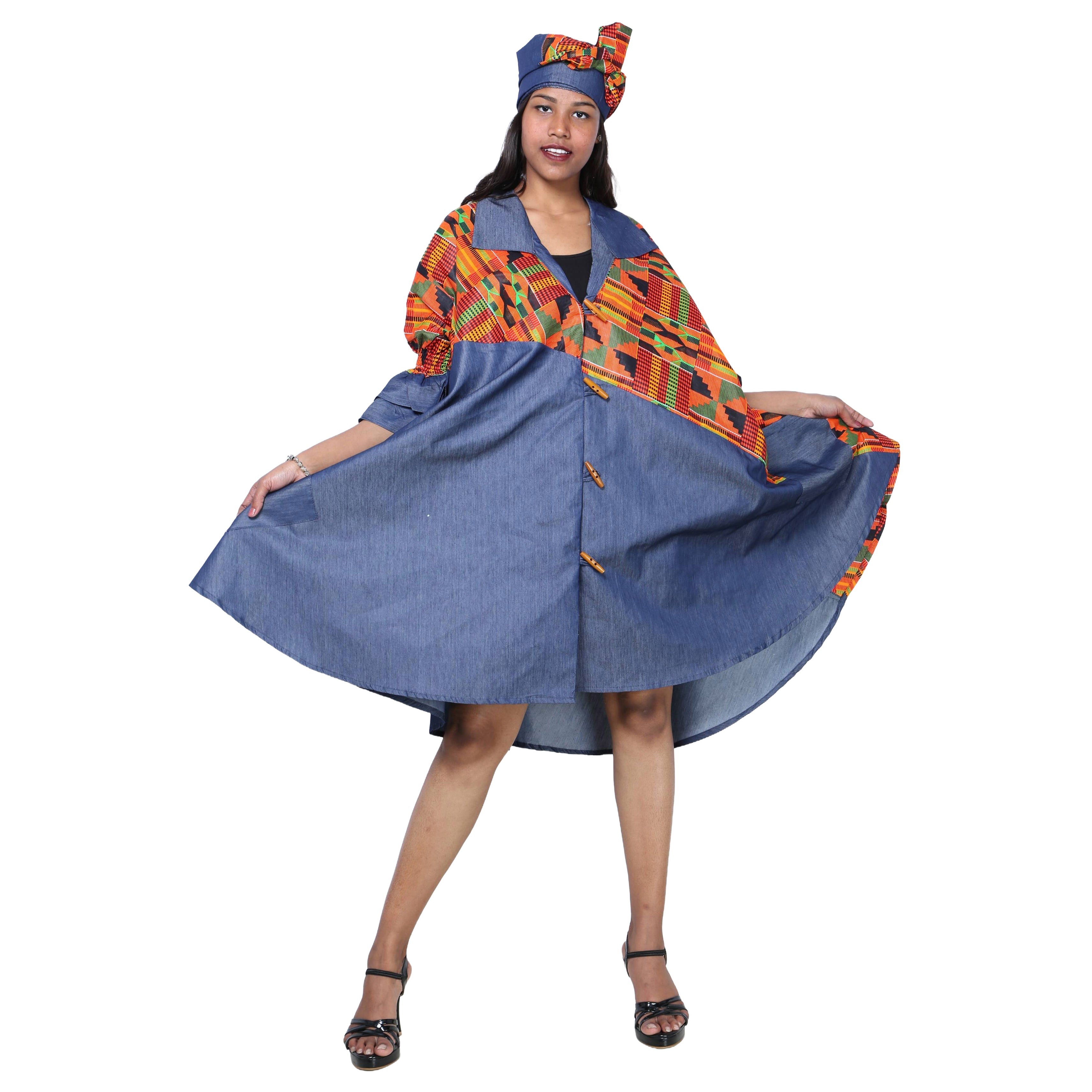Women's Printed Denim Dress with Toggle Buttons -- FI-3139