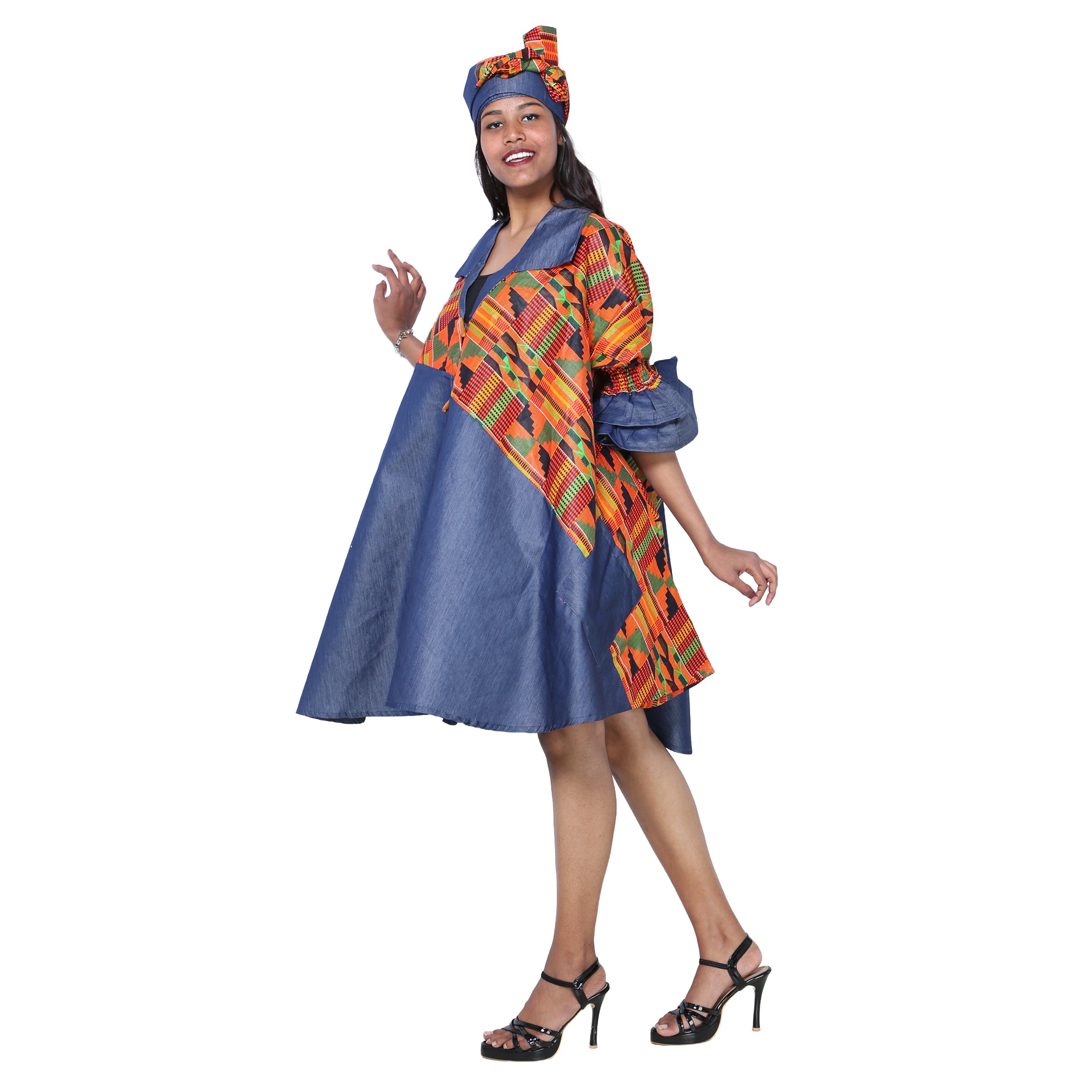 Women's Printed Denim Dress with Toggle Buttons -- FI-3139