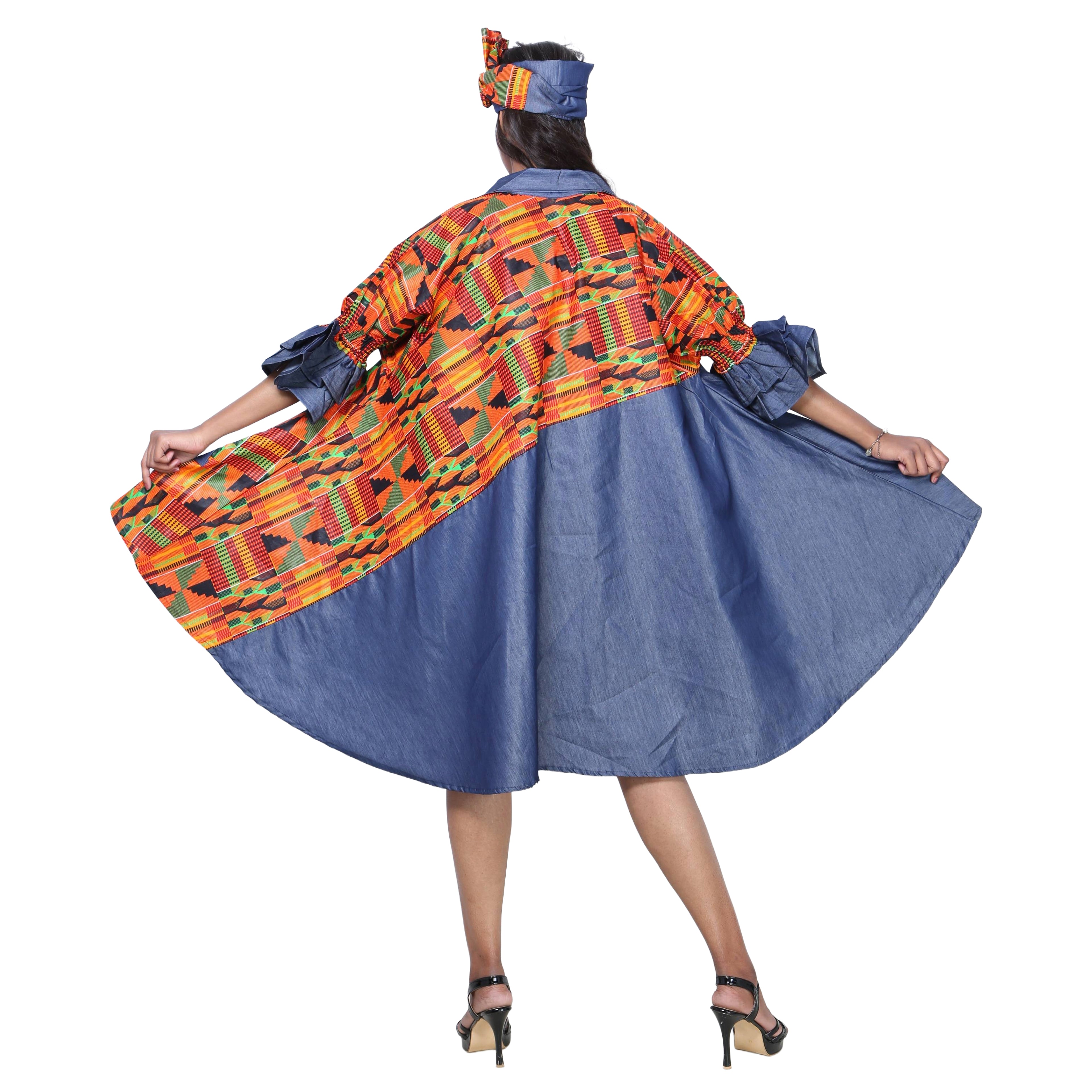 Women's Printed Denim Dress with Toggle Buttons -- FI-3139