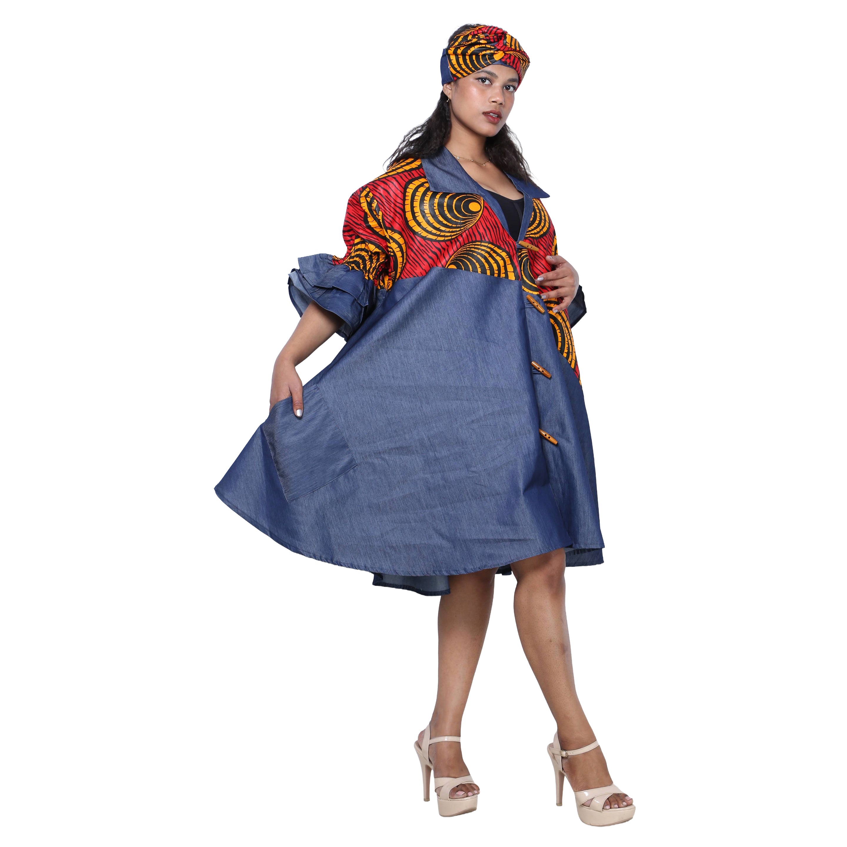 Women's Printed Denim Dress with Toggle Buttons -- FI-3139