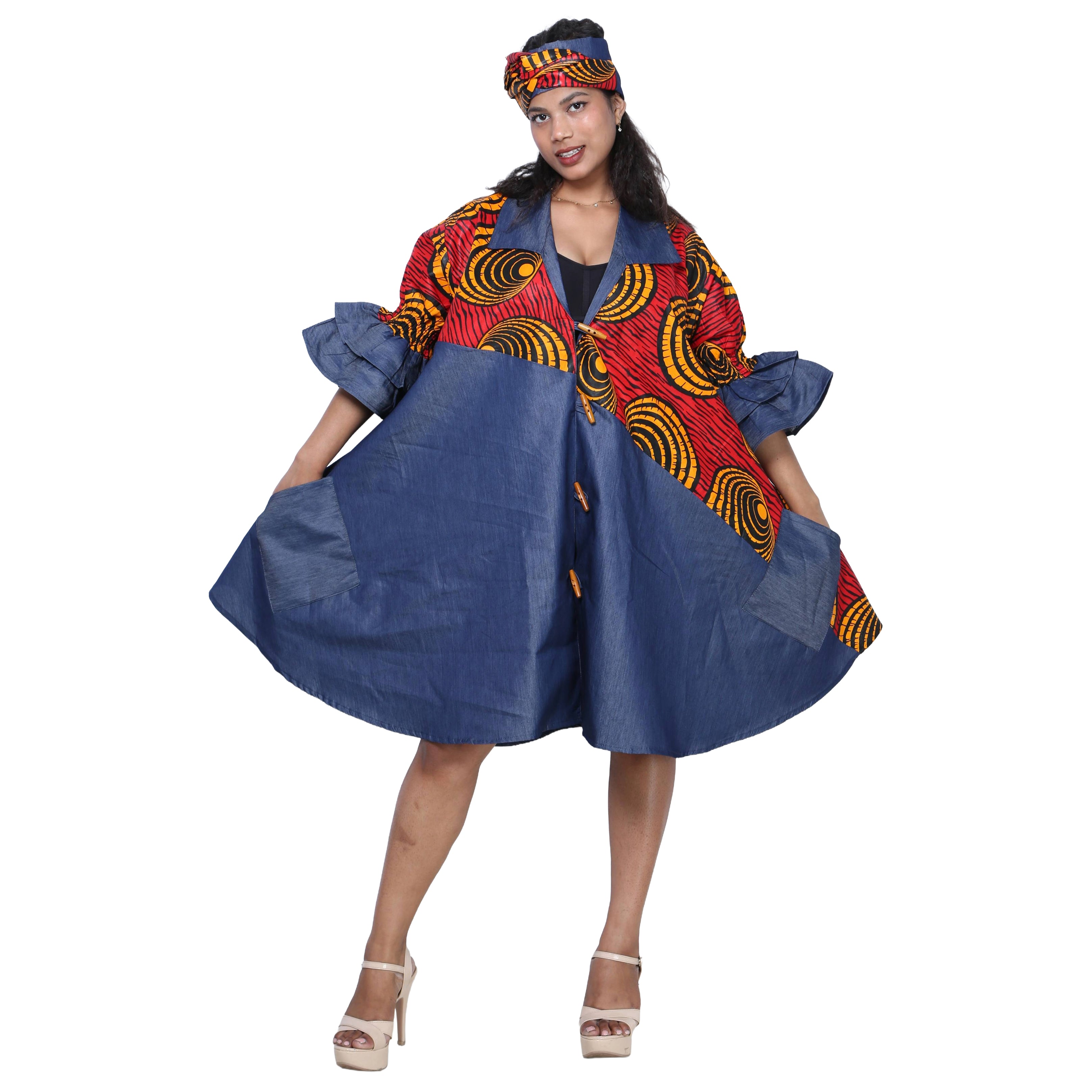 Women's Printed Denim Dress with Toggle Buttons -- FI-3139