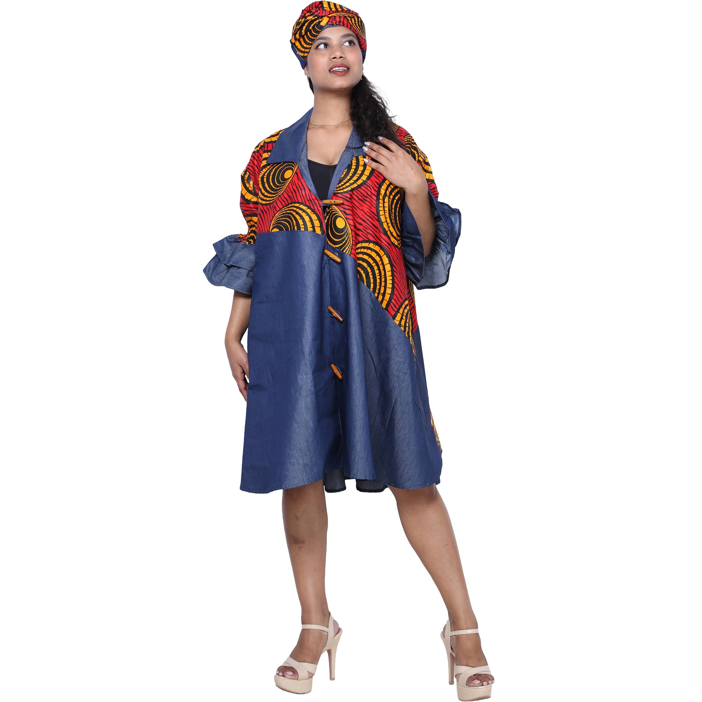 Women's Printed Denim Dress with Toggle Buttons -- FI-3139