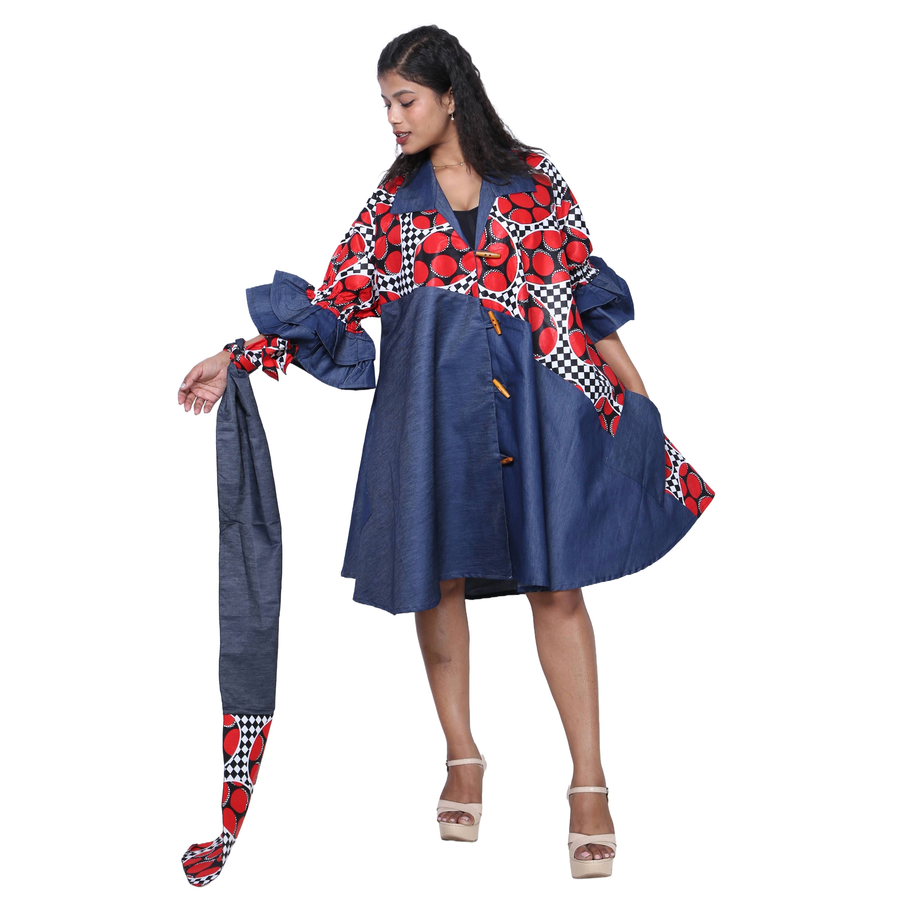 Women's Printed Denim Dress with Toggle Buttons -- FI-3139