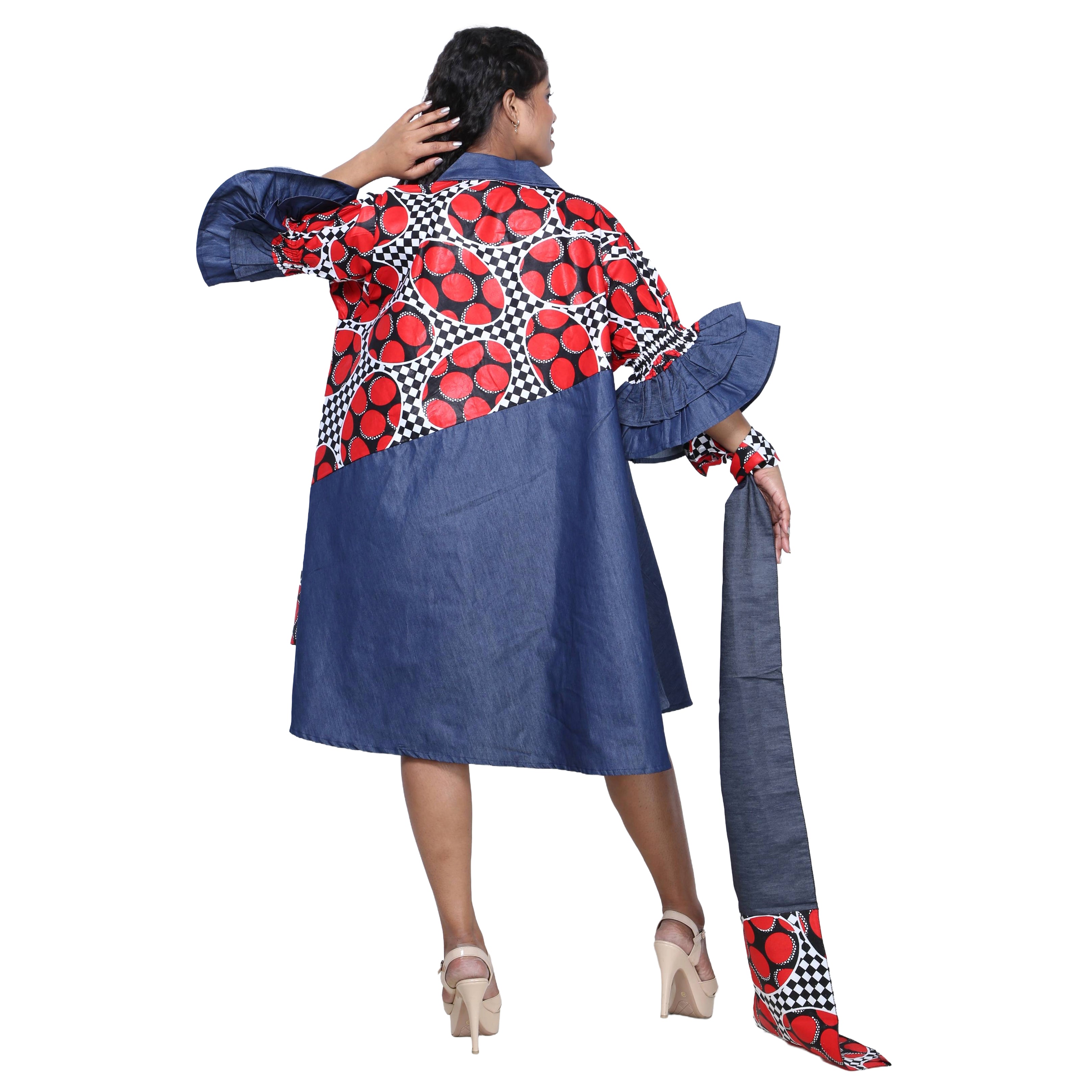 Women's Printed Denim Dress with Toggle Buttons -- FI-3139