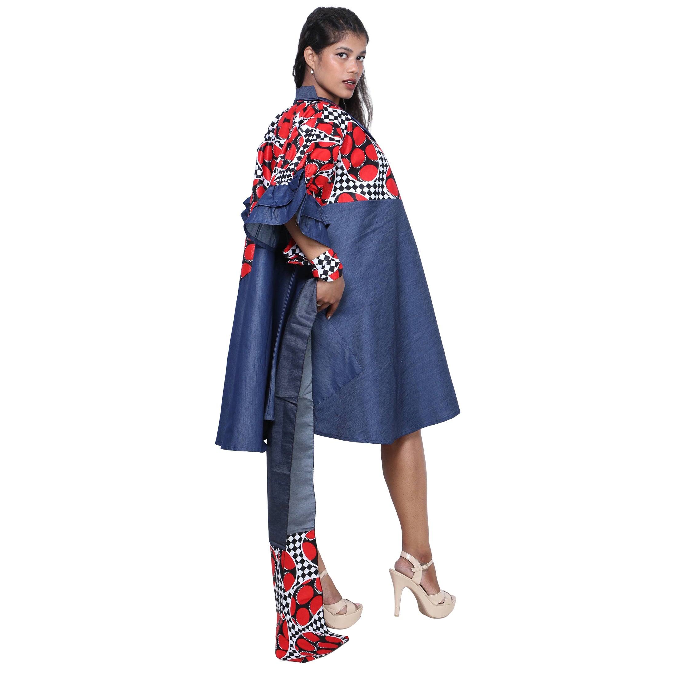 Women's Printed Denim Dress with Toggle Buttons -- FI-3139