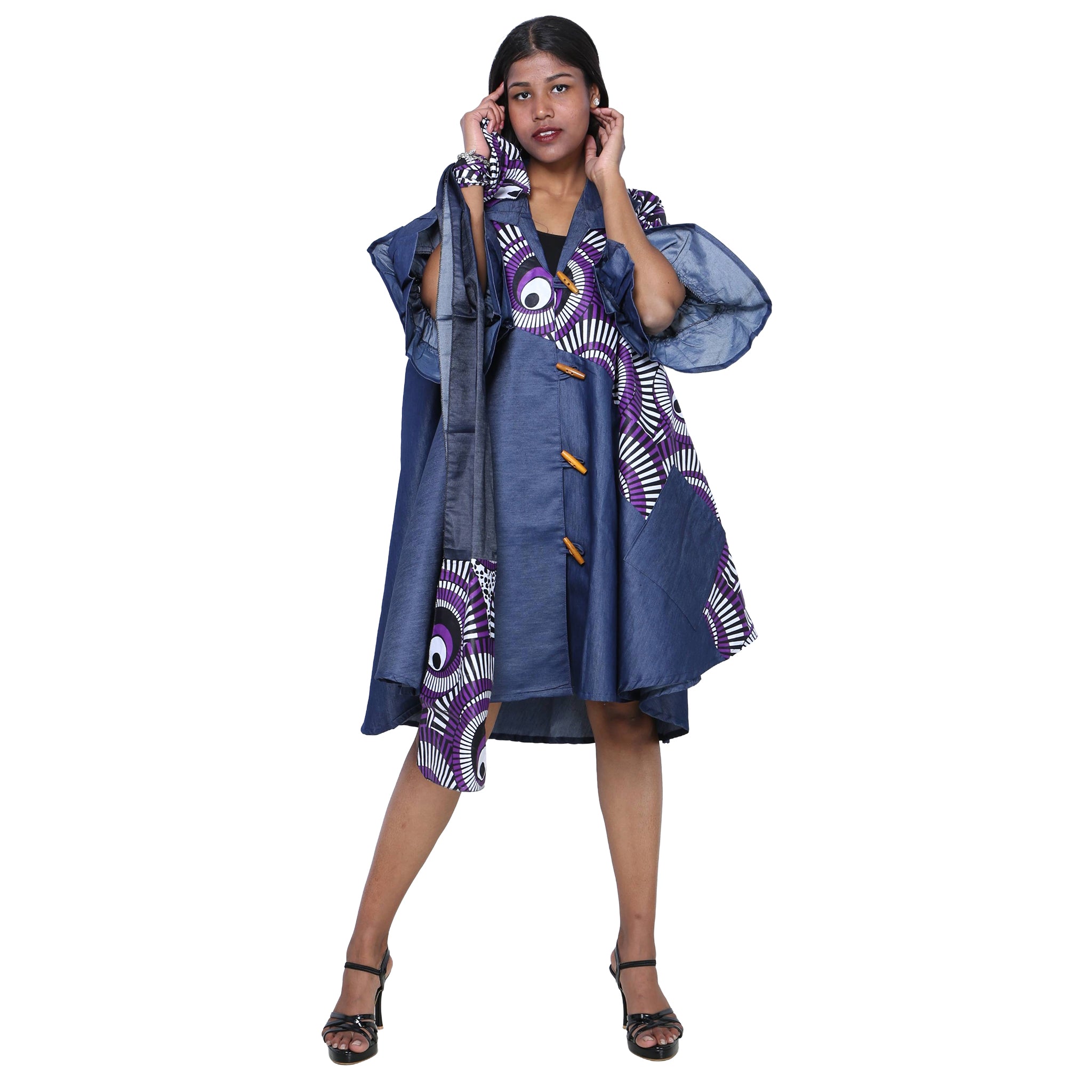 Women's Printed Denim Dress with Toggle Buttons -- FI-3139