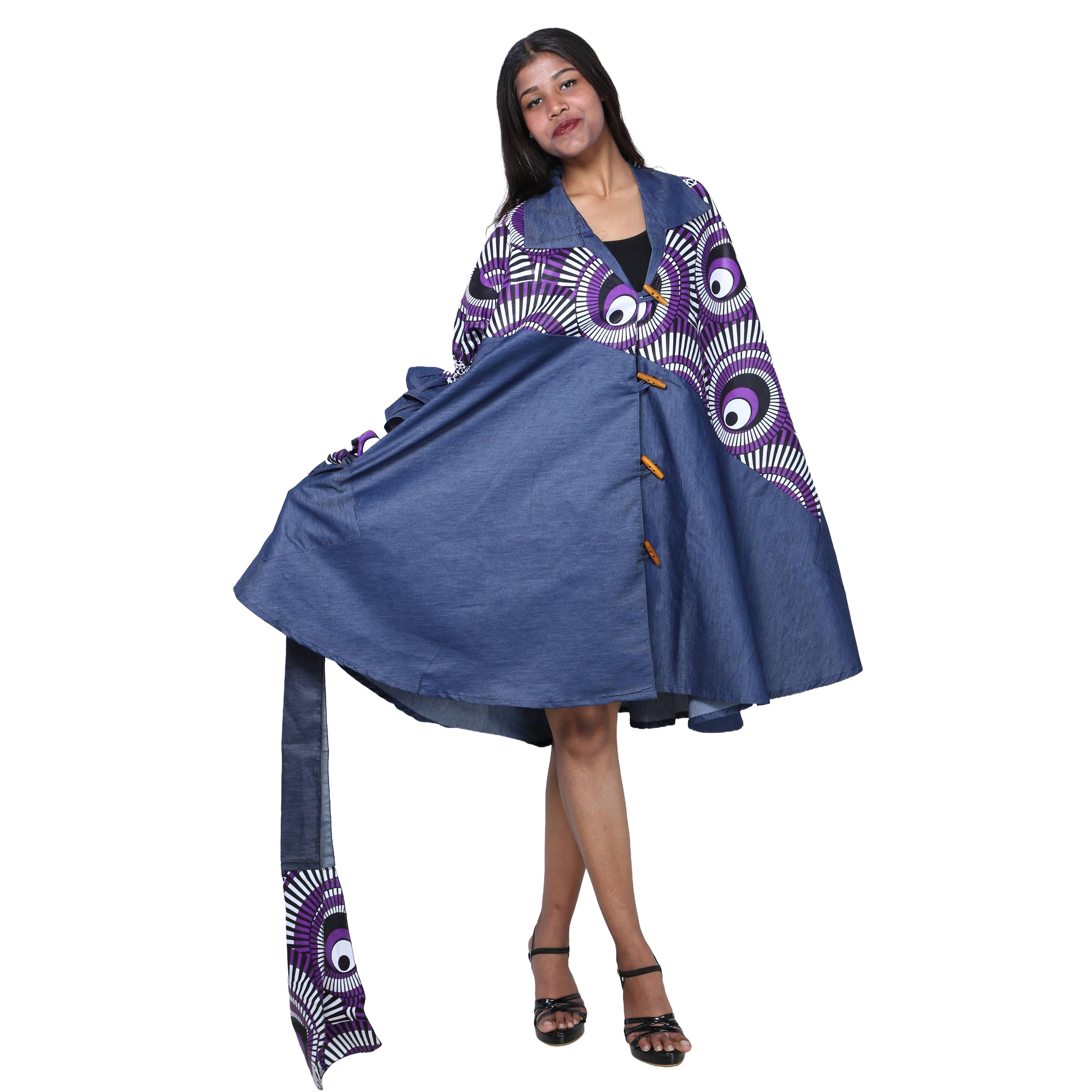 Women's Printed Denim Dress with Toggle Buttons -- FI-3139