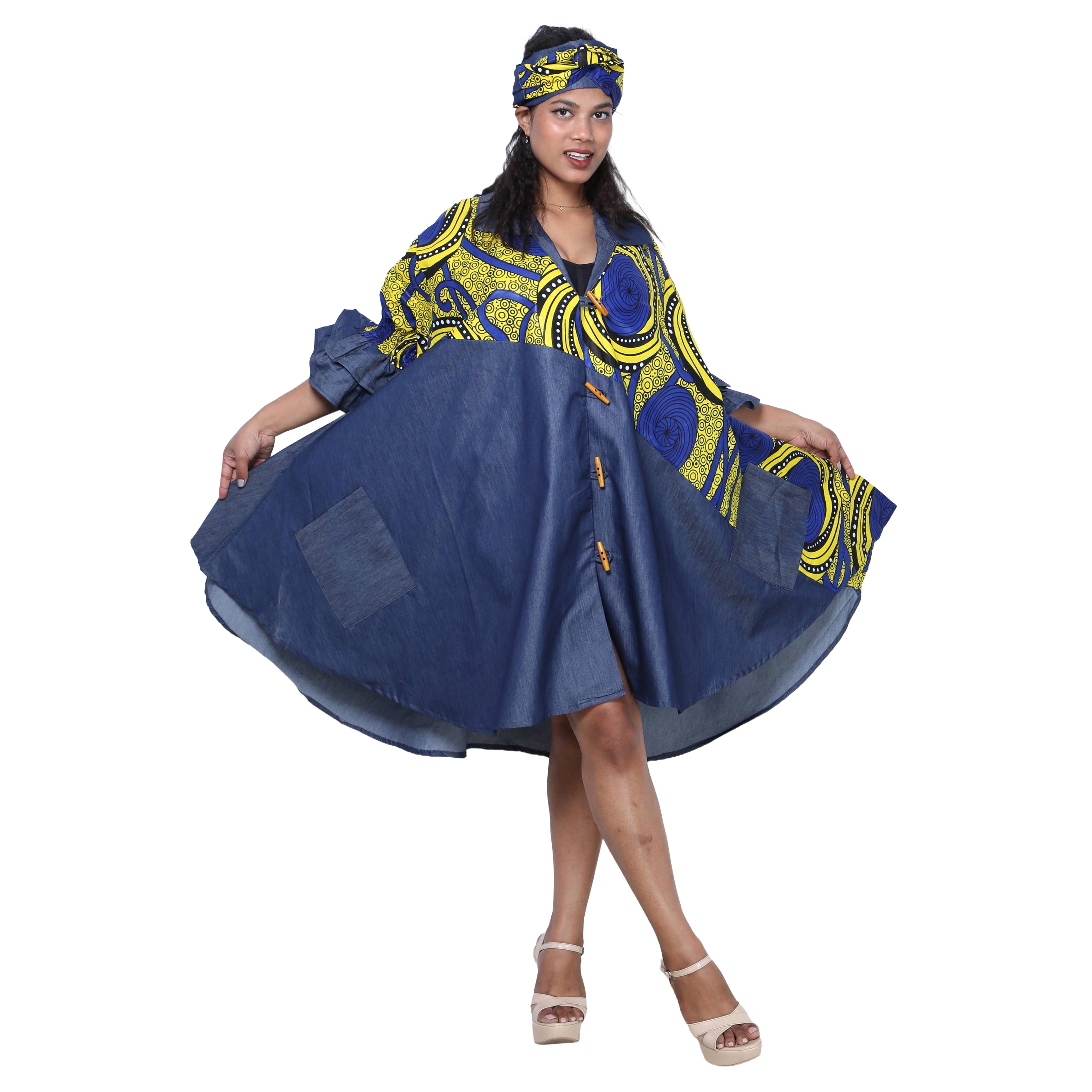Women's Printed Denim Dress with Toggle Buttons -- FI-3139