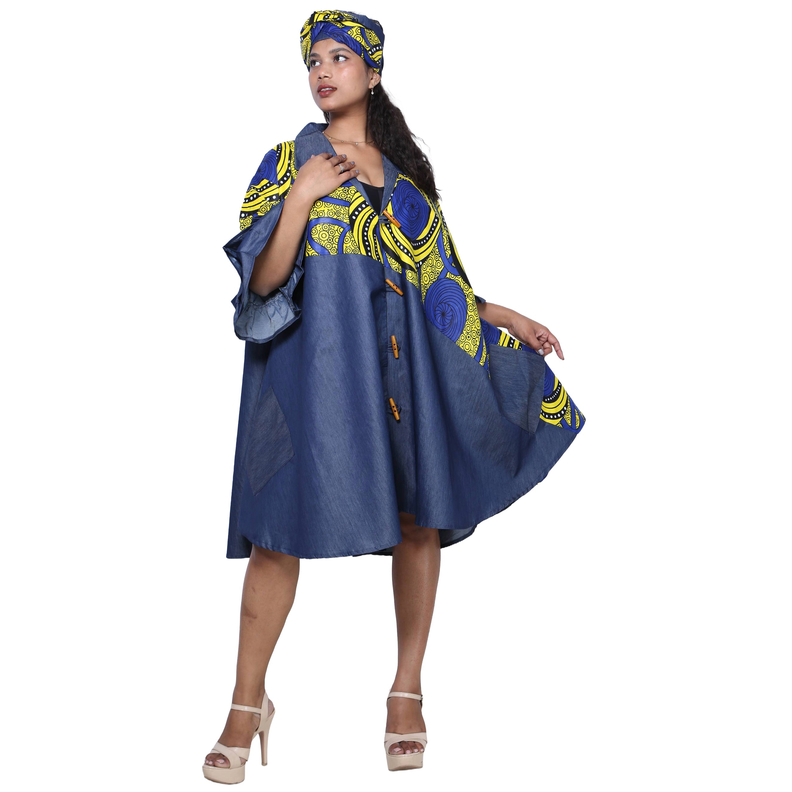 Women's Printed Denim Dress with Toggle Buttons -- FI-3139