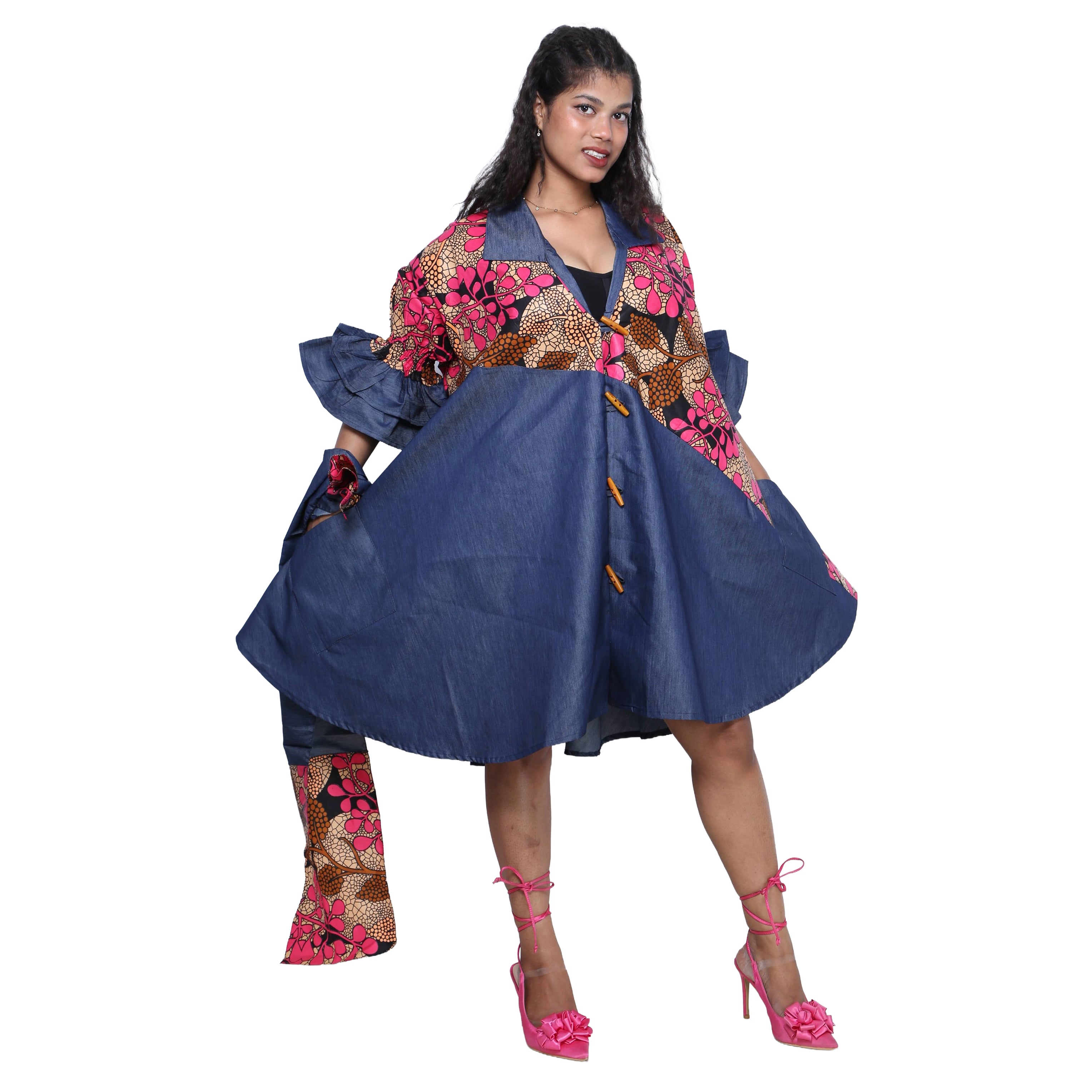Women's Printed Denim Dress with Toggle Buttons -- FI-3139
