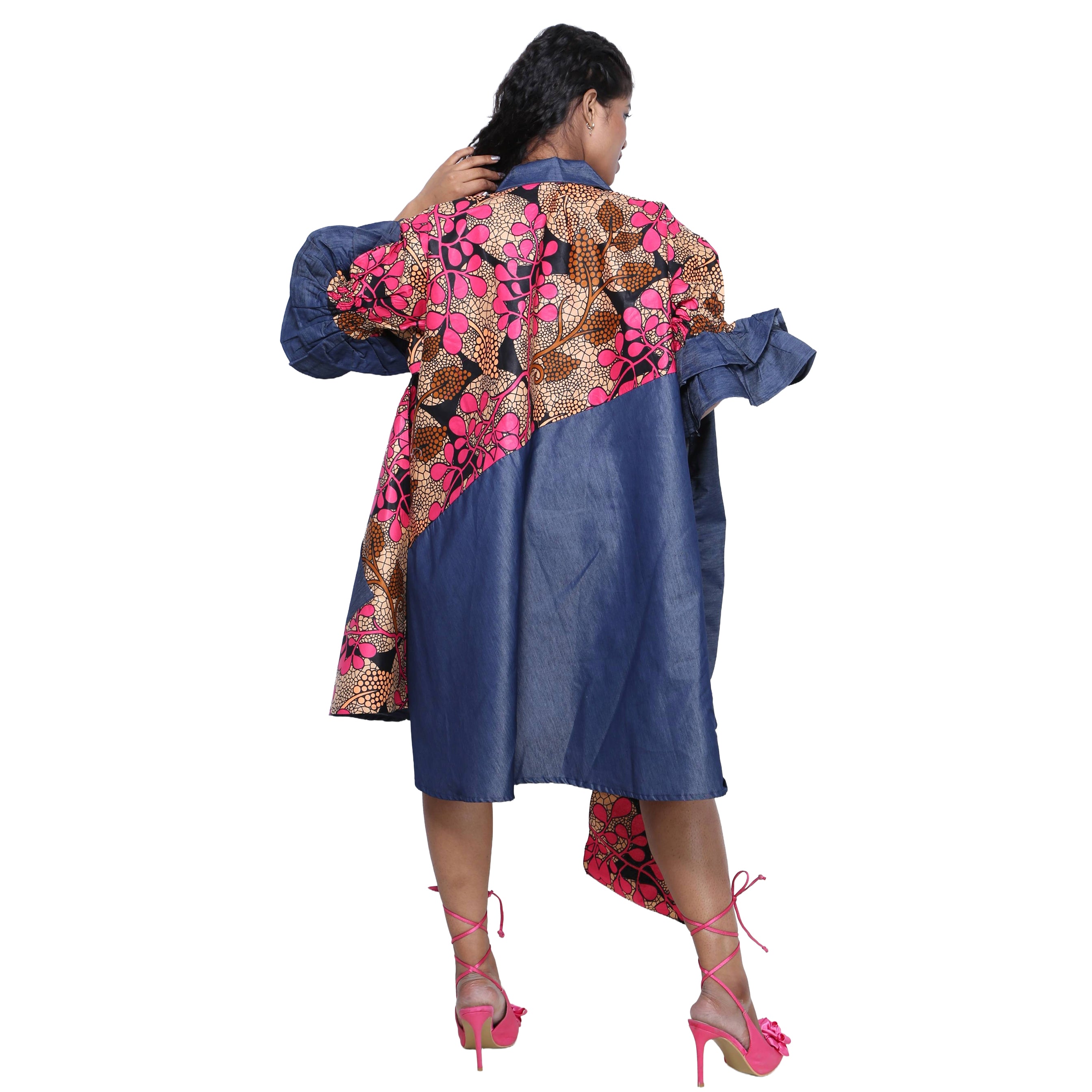 Women's Printed Denim Dress with Toggle Buttons -- FI-3139