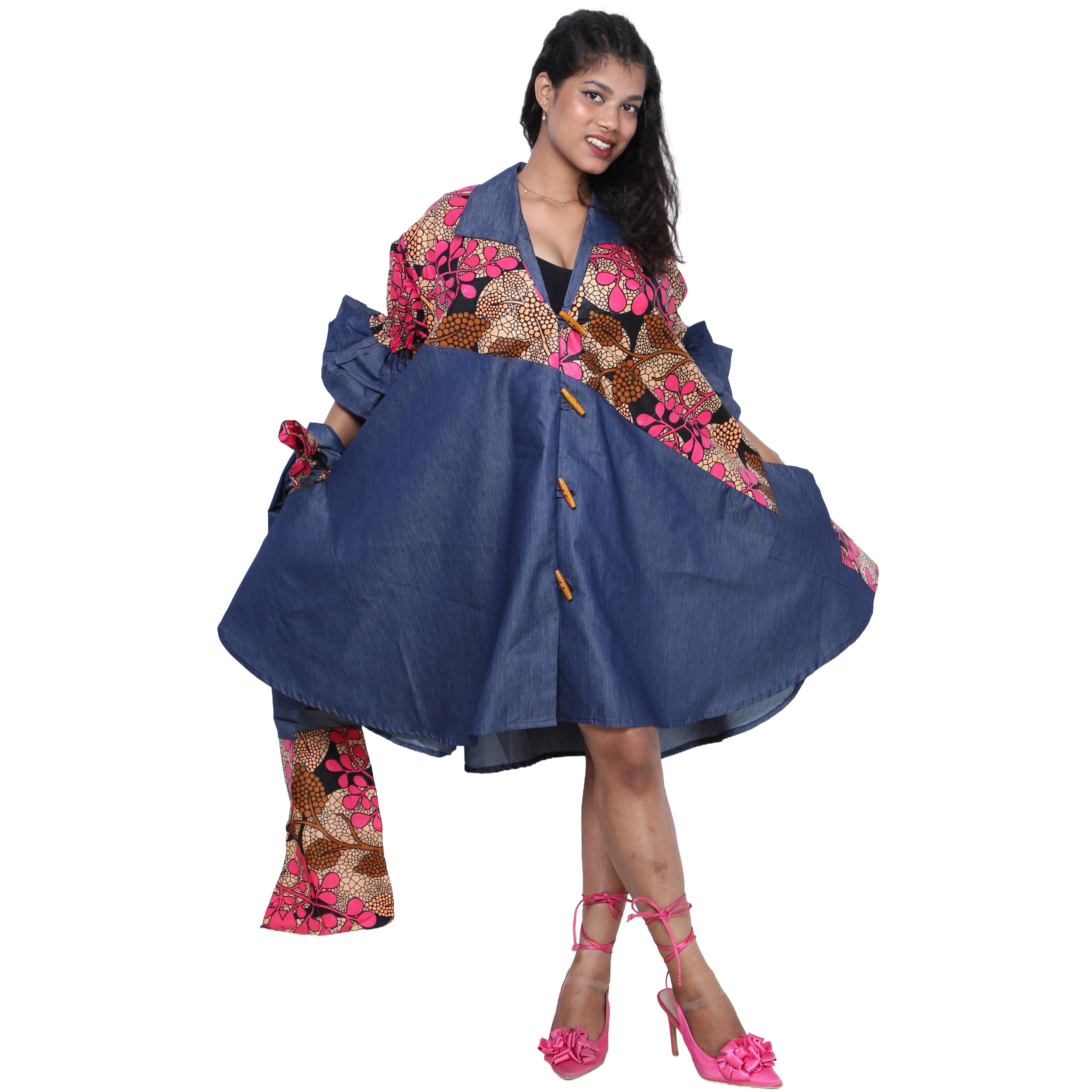 Women's Printed Denim Dress with Toggle Buttons -- FI-3139