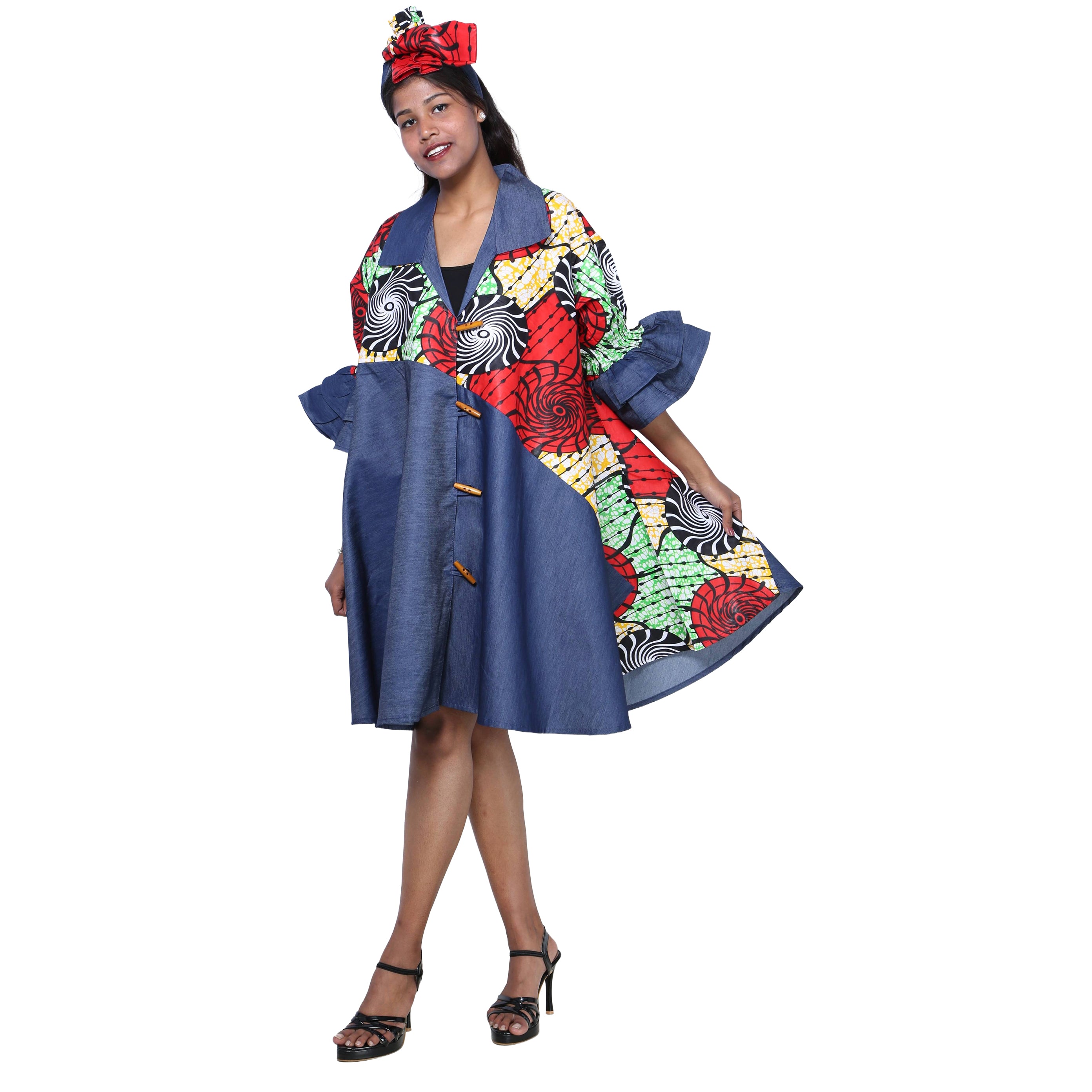 Women's Printed Denim Dress with Toggle Buttons -- FI-3139