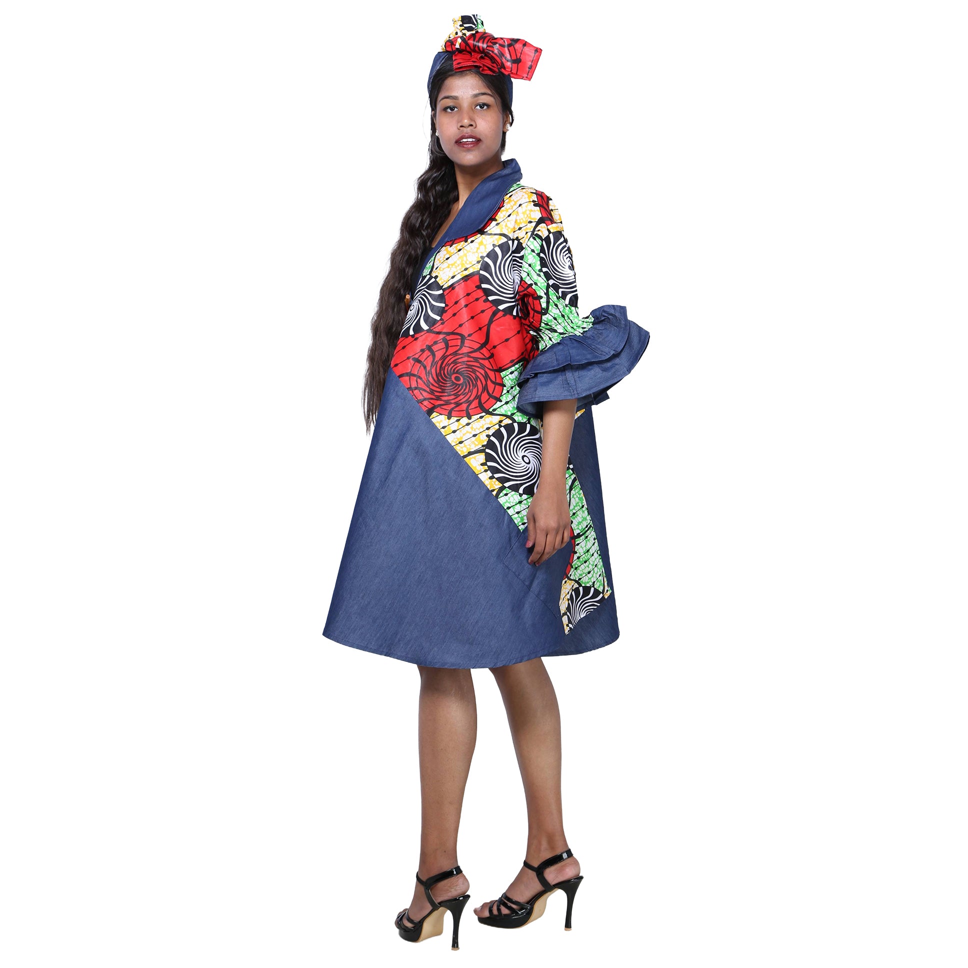 Women's Printed Denim Dress with Toggle Buttons -- FI-3139