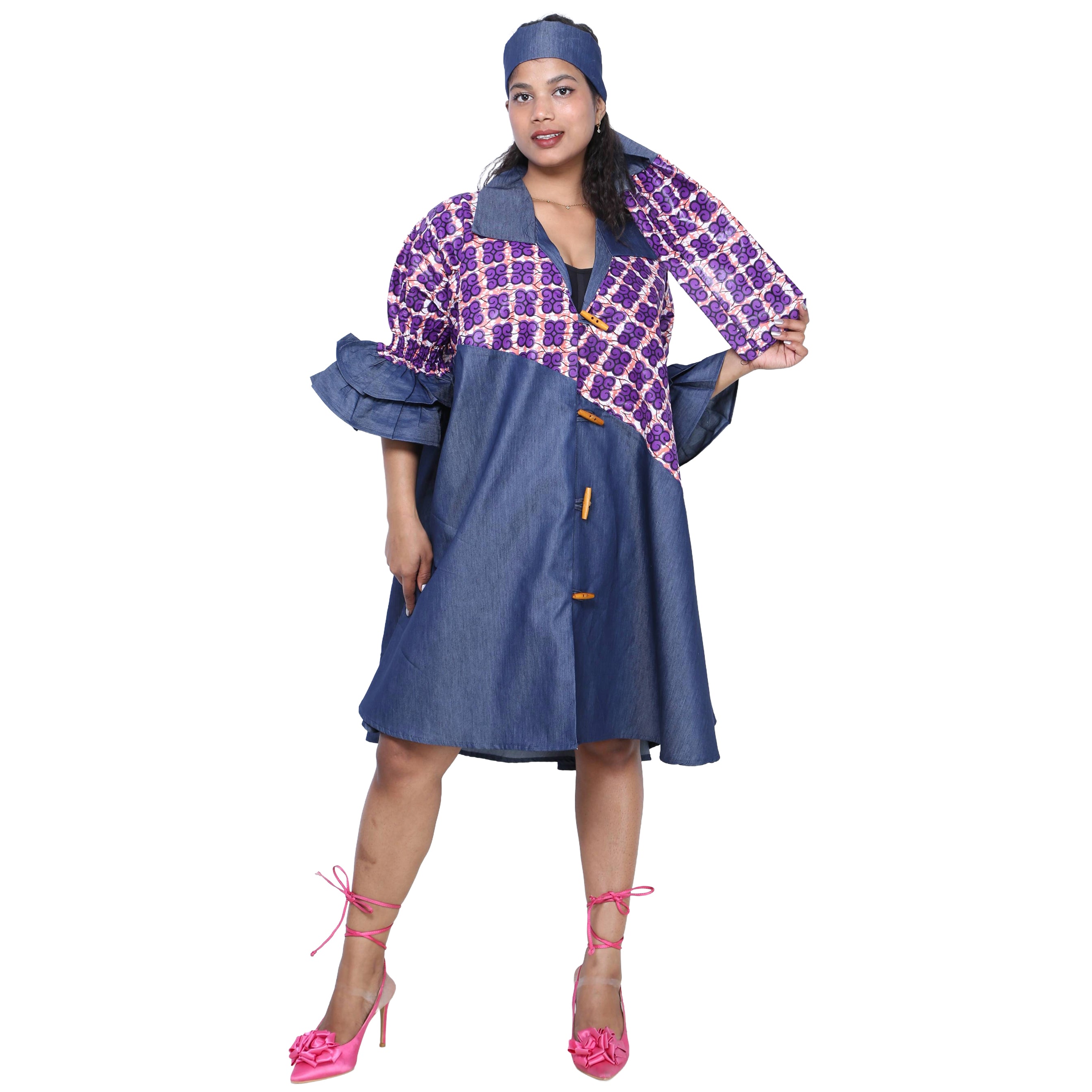 Women's Printed Denim Dress with Toggle Buttons -- FI-3139