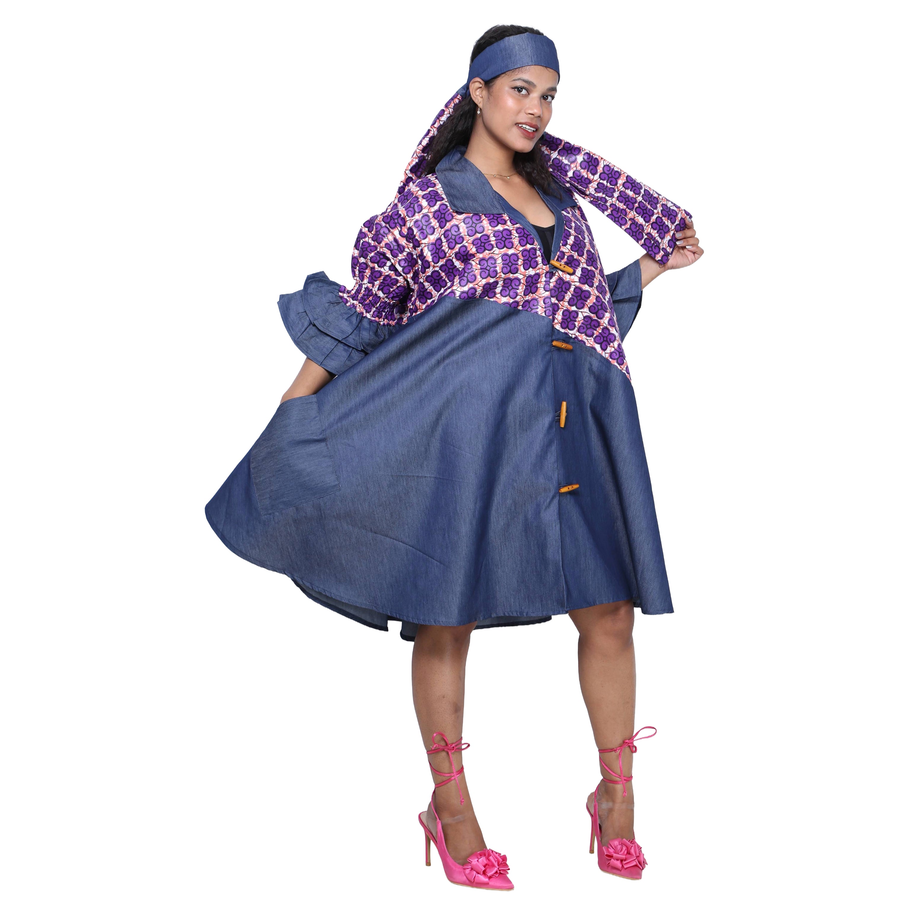 Women's Printed Denim Dress with Toggle Buttons -- FI-3139