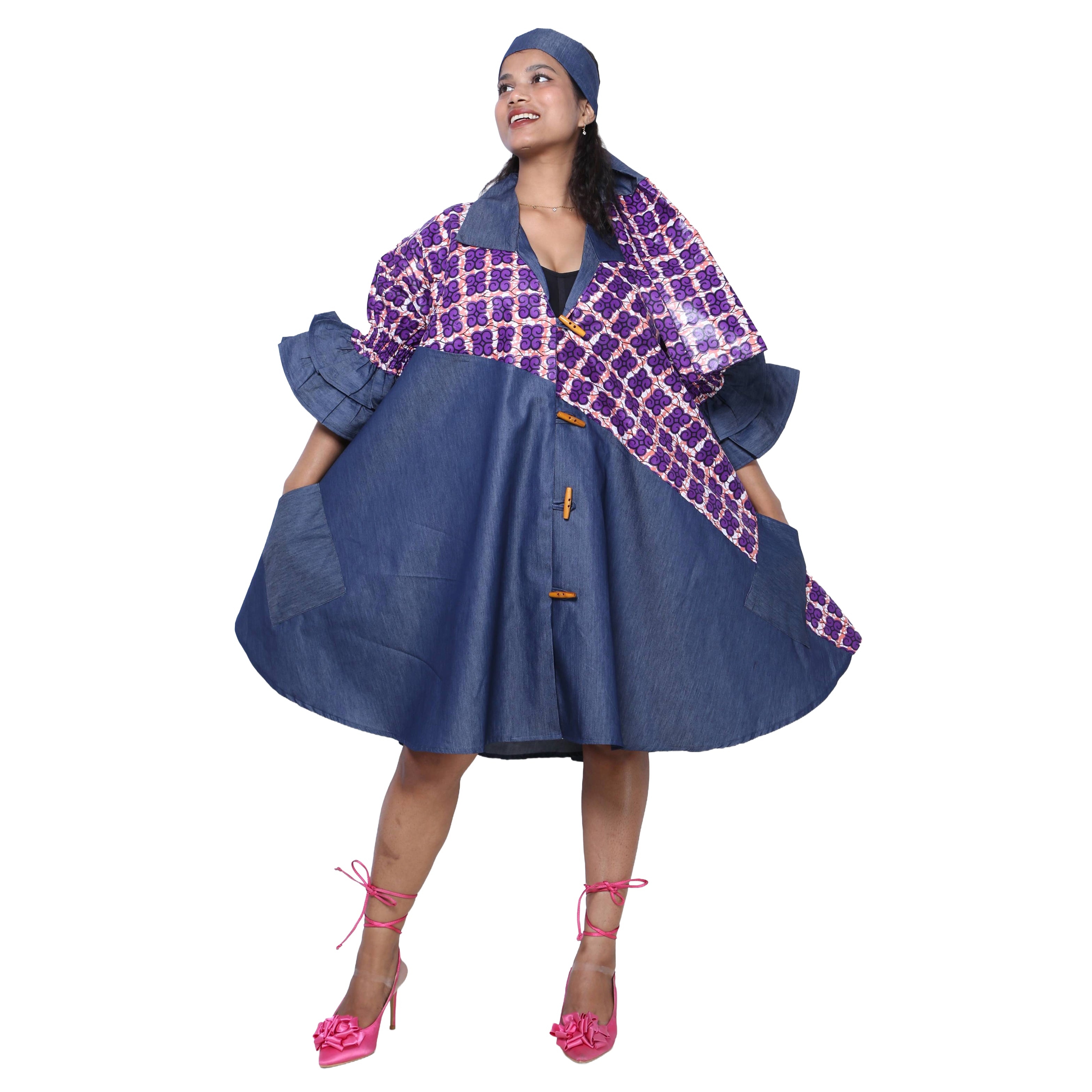 Women's Printed Denim Dress with Toggle Buttons -- FI-3139