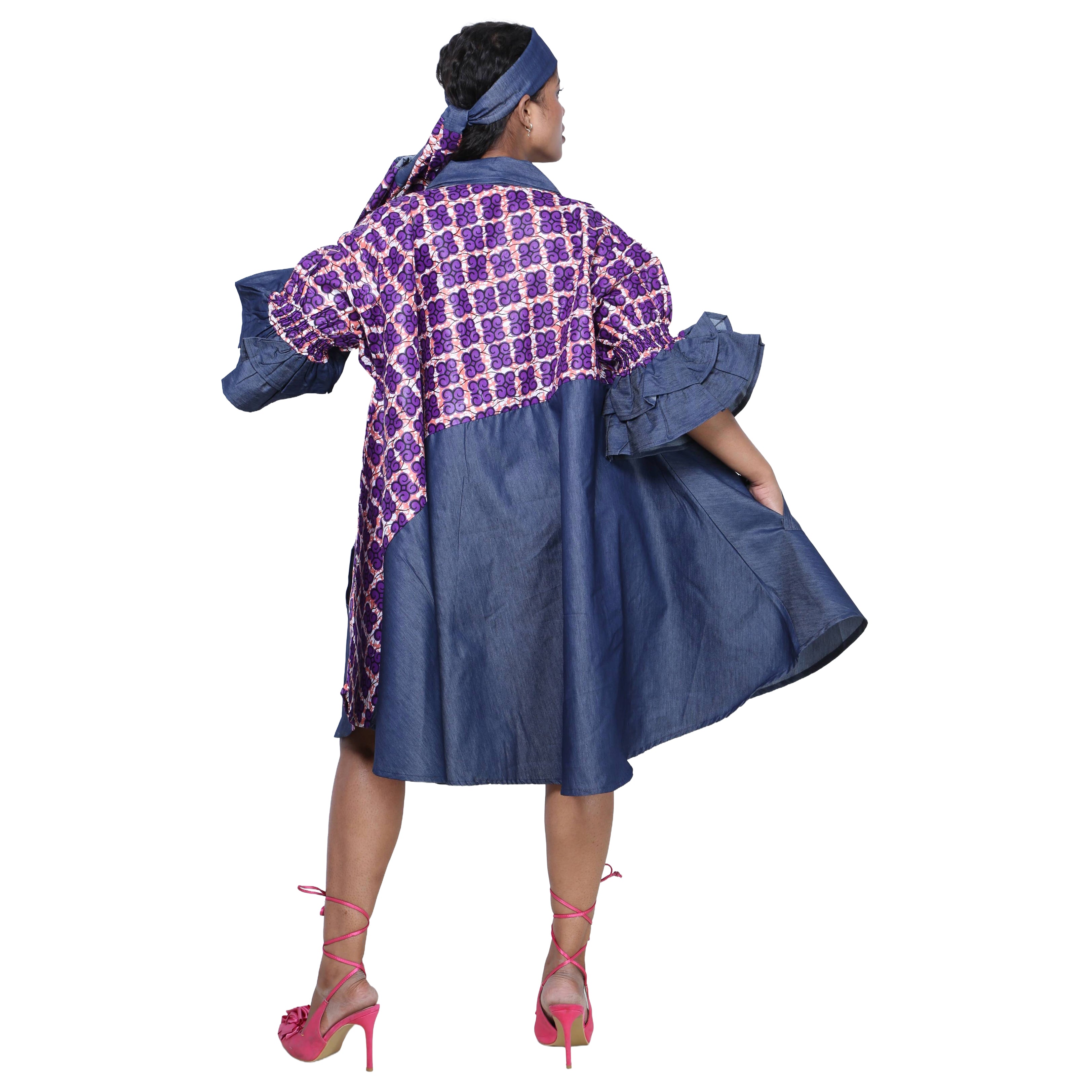 Women's Printed Denim Dress with Toggle Buttons -- FI-3139