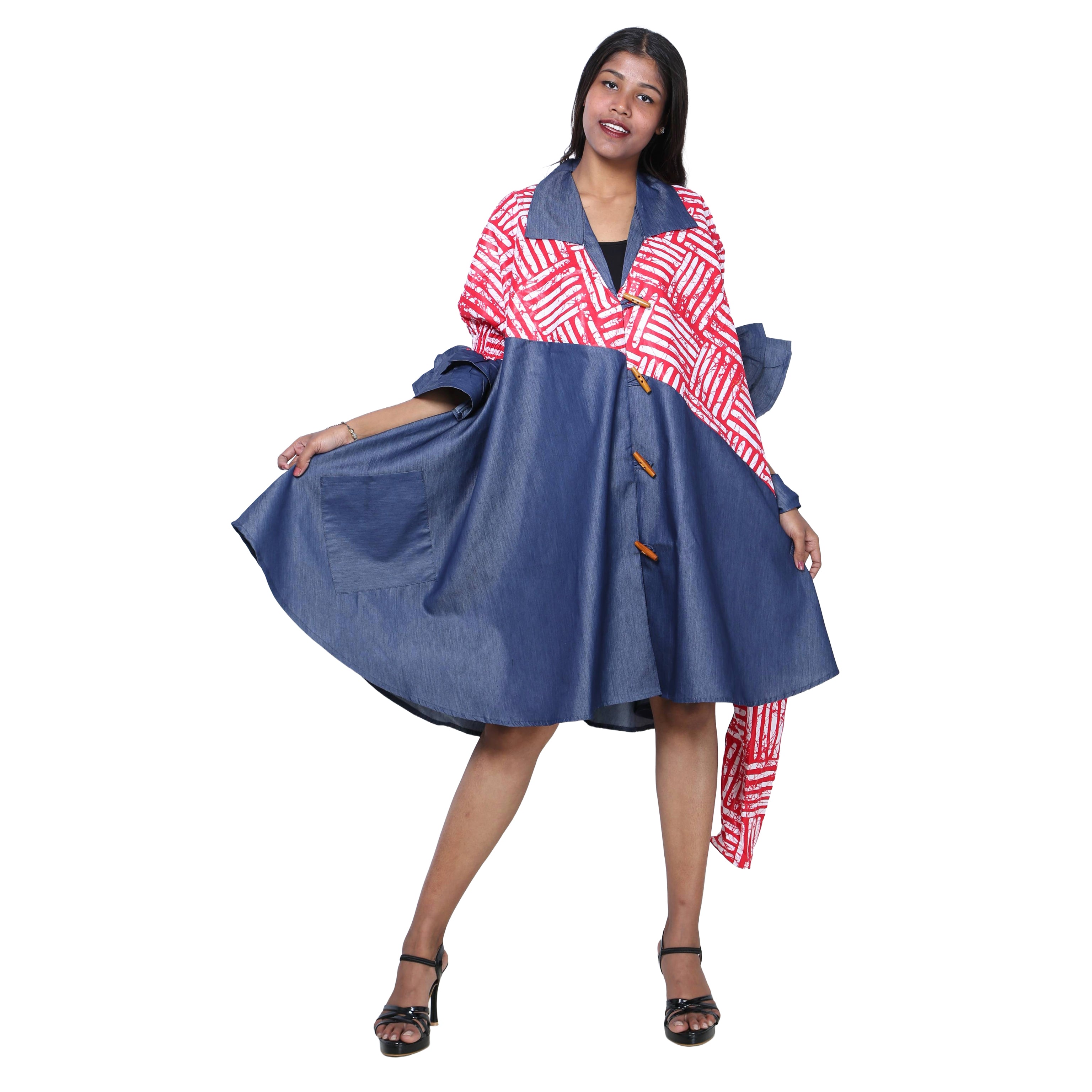Women's Printed Denim Dress with Toggle Buttons -- FI-3139