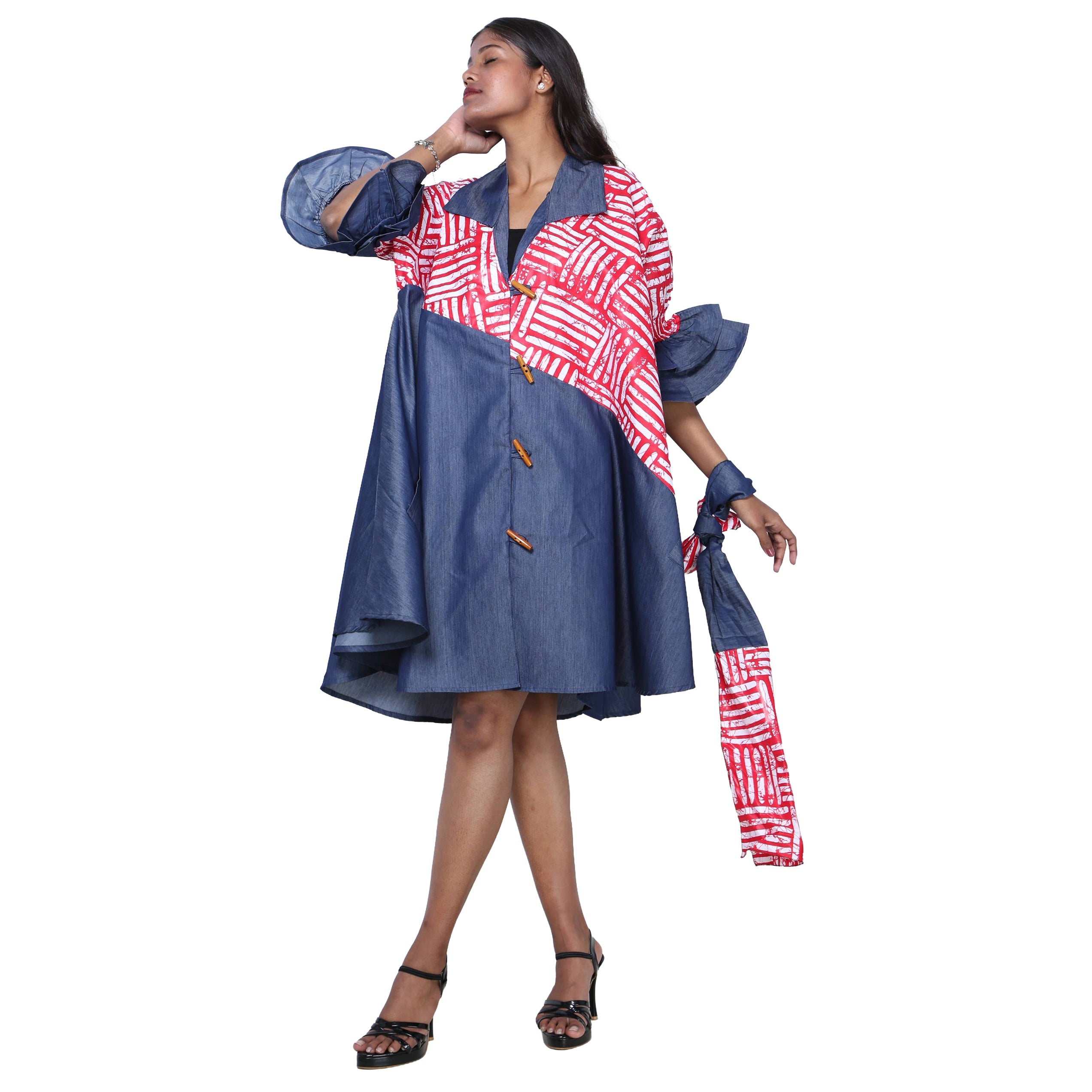 Women's Printed Denim Dress with Toggle Buttons -- FI-3139