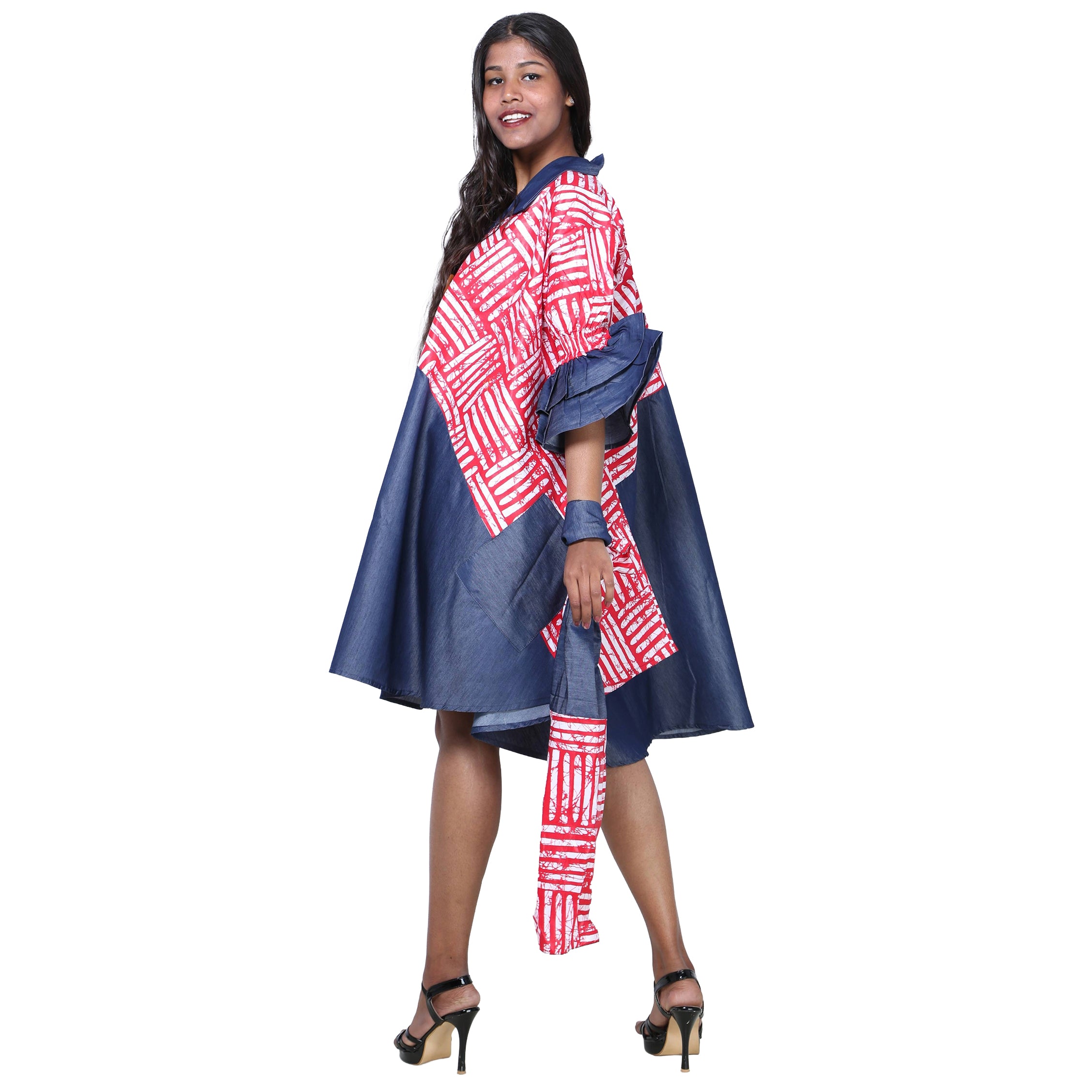 Women's Printed Denim Dress with Toggle Buttons -- FI-3139