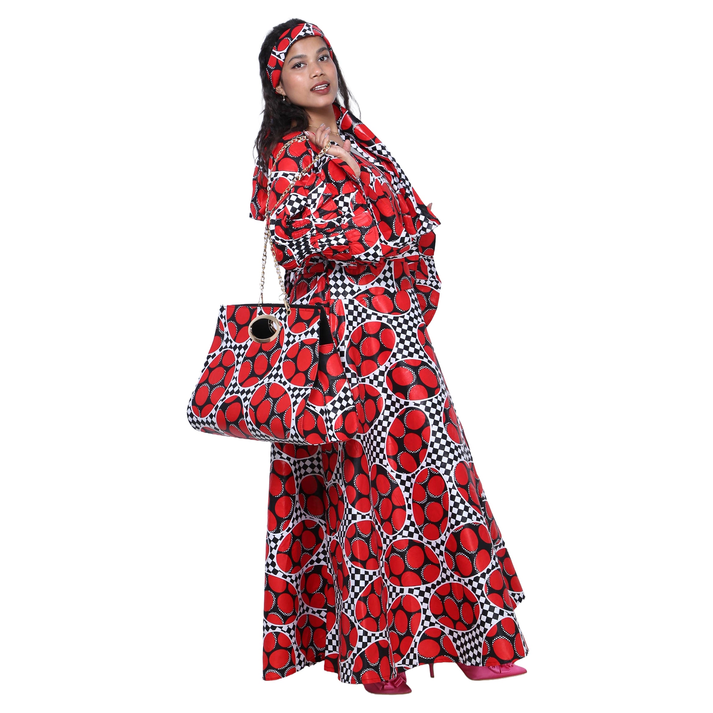 Women's Printed Long Sleeve Maxi Wrap Dress with Handbag- FI-70 FS
