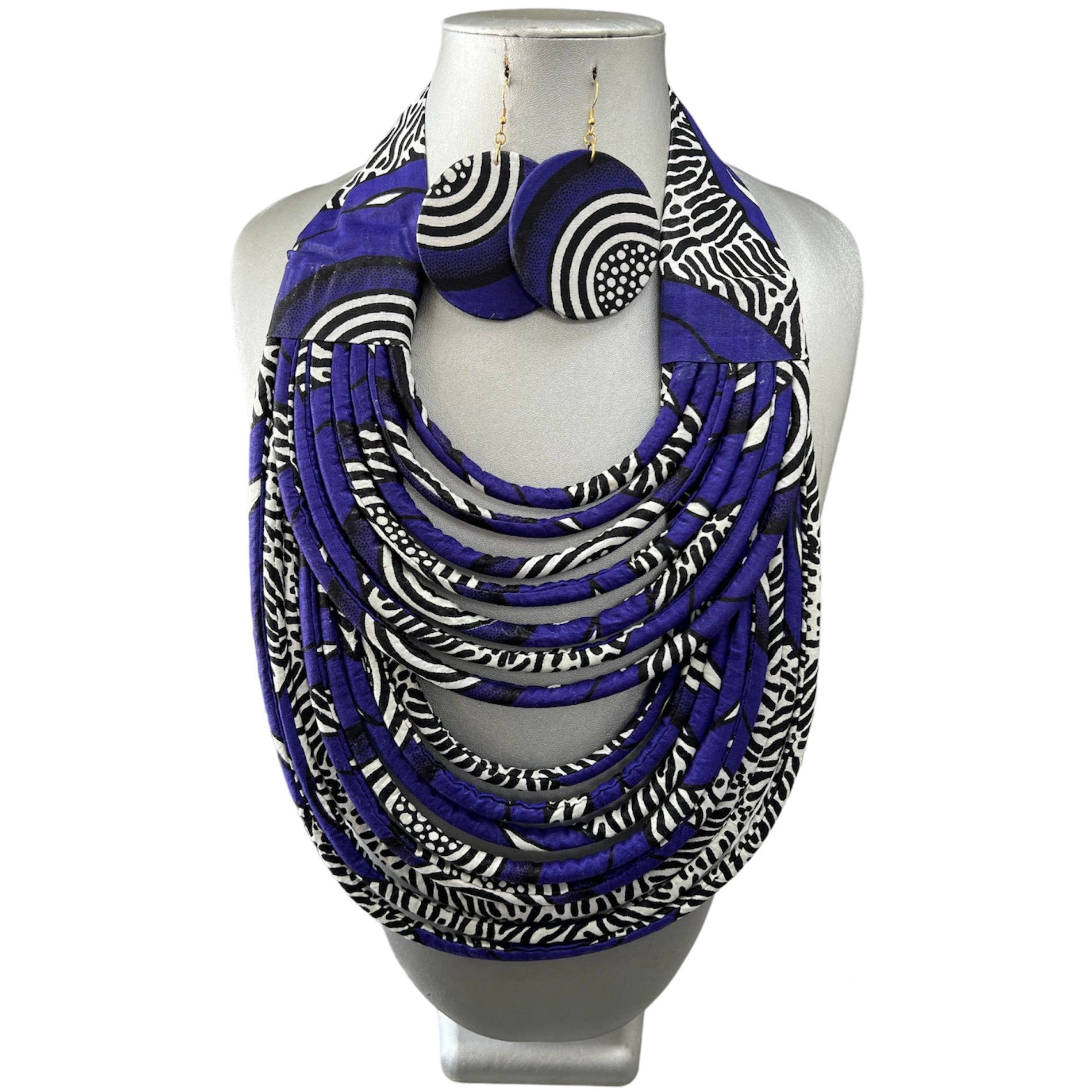 Women's African Printed Double Layer Fabric Necklace Set with Round Earrings