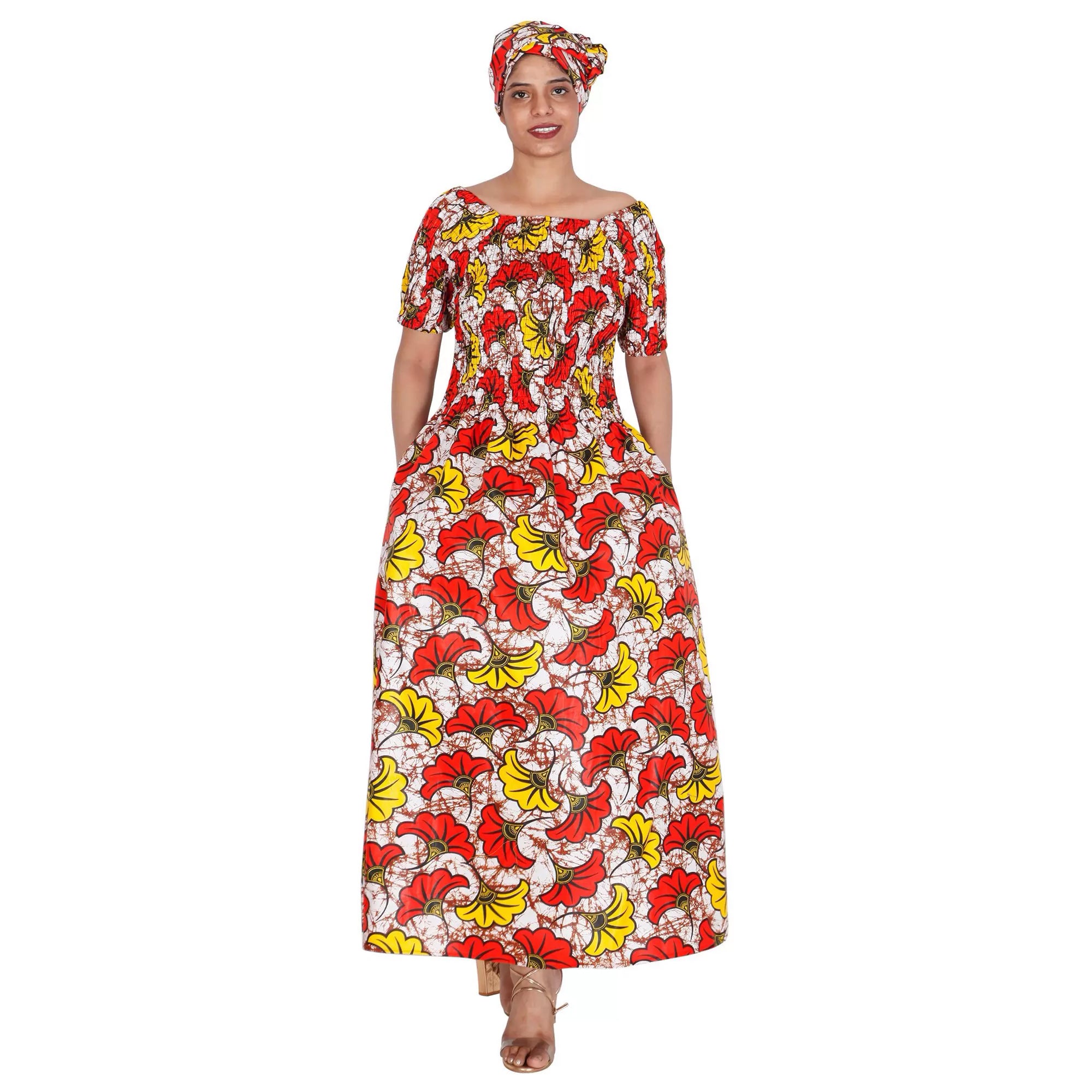 Women's Printed Smocking Short Sleeve Maxi Dress red,yellow and white contrast