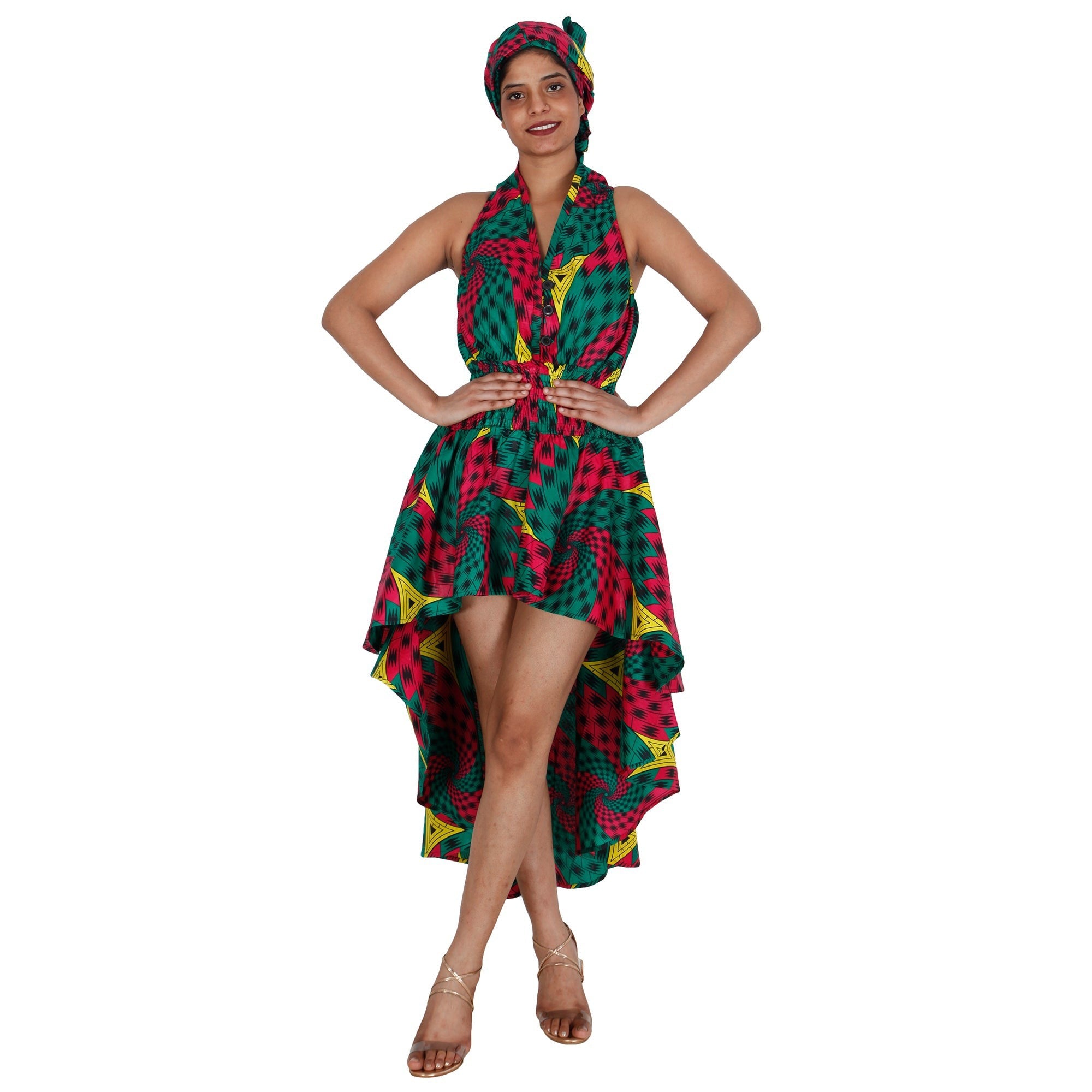 Women's Halter Hi-Low Dress with Buttons red and dark green 