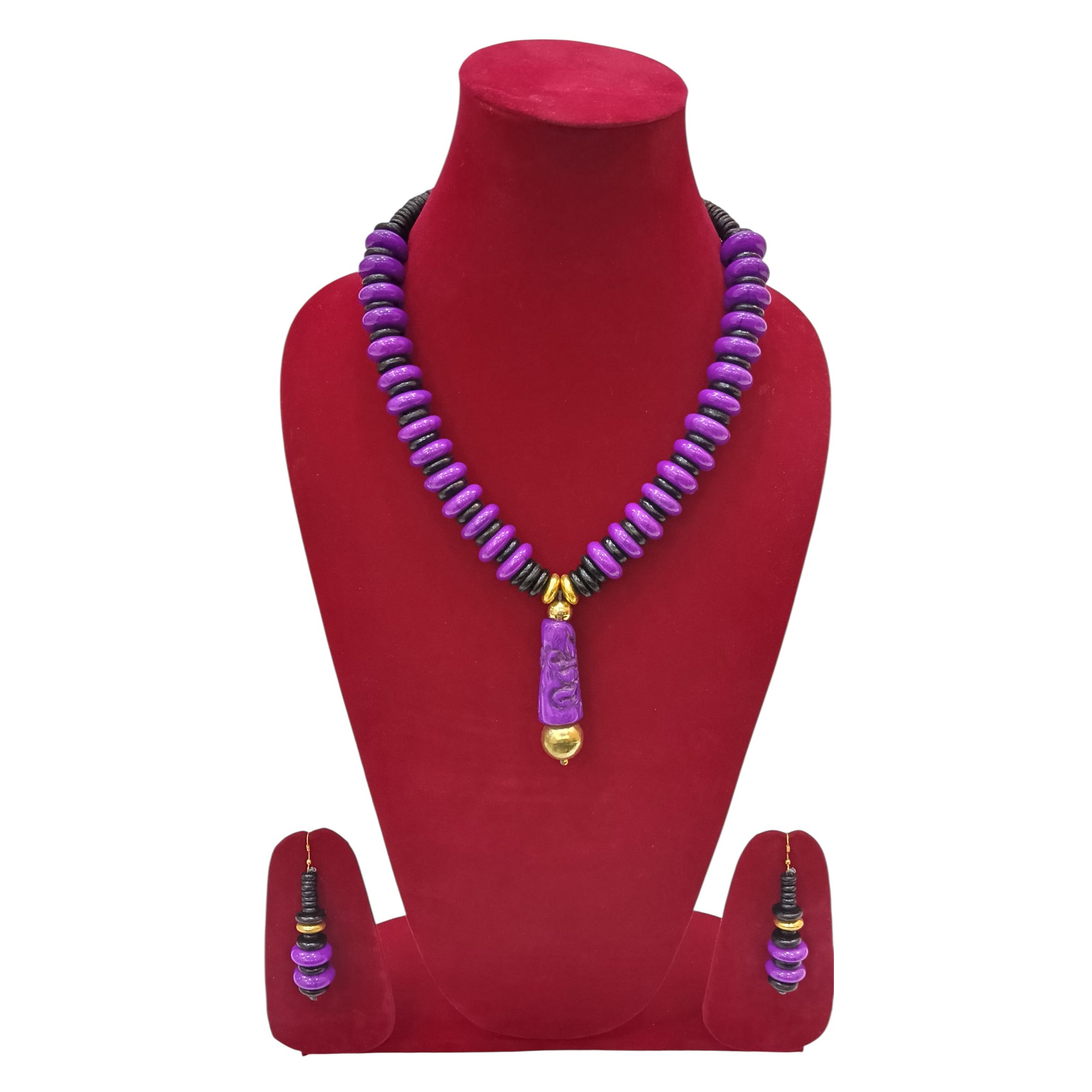 Solid Color Beaded Necklace Set with Long Pendant