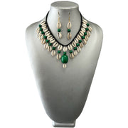 Women's 2 Layer Cowrie Shell Necklace Set With Colored Stone