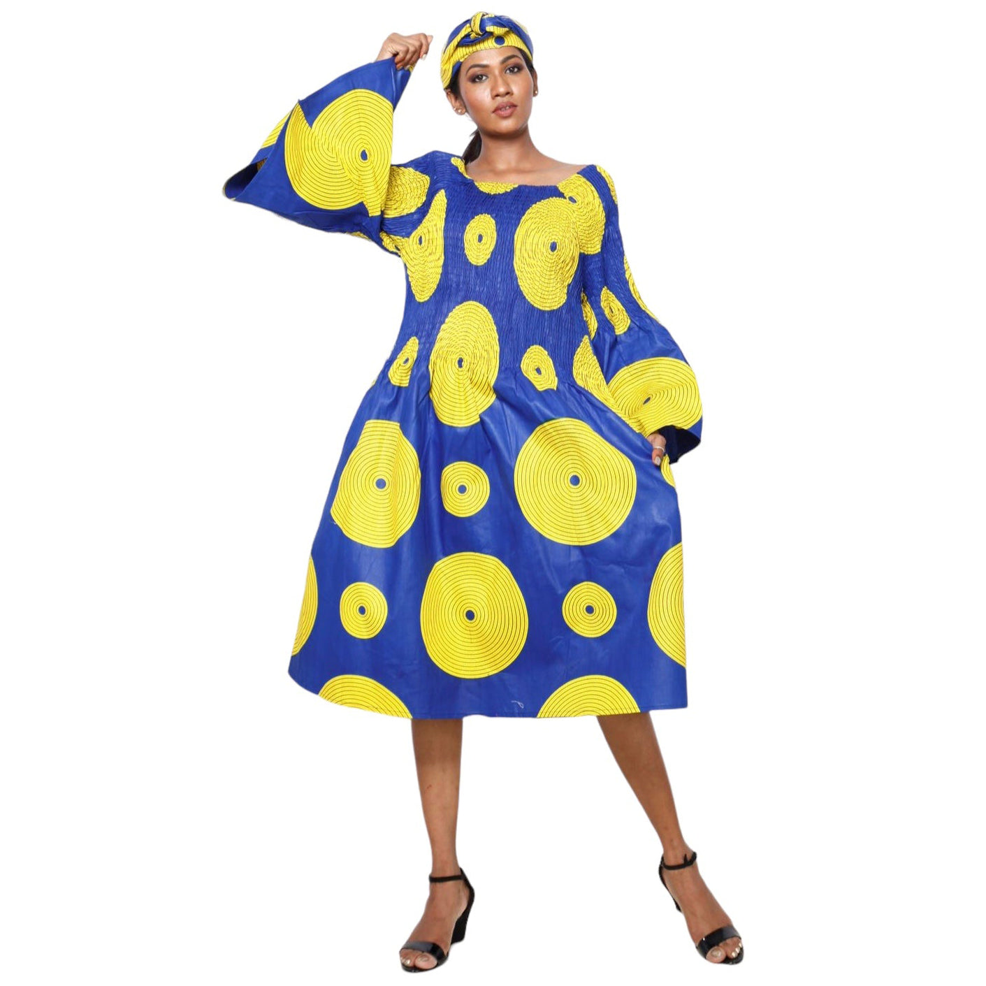 Women's Long Sleeve Smocking Short Dress with Bell Sleeves -- FI-50073